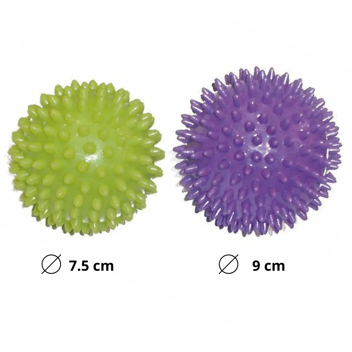 Two spiky massage balls, one green and one purple, with size labels.