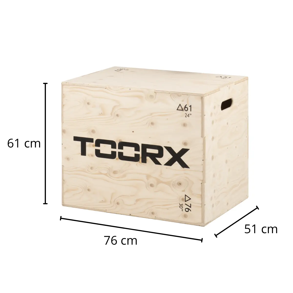 A wooden plyometric box with black TOORX text and dimensions.