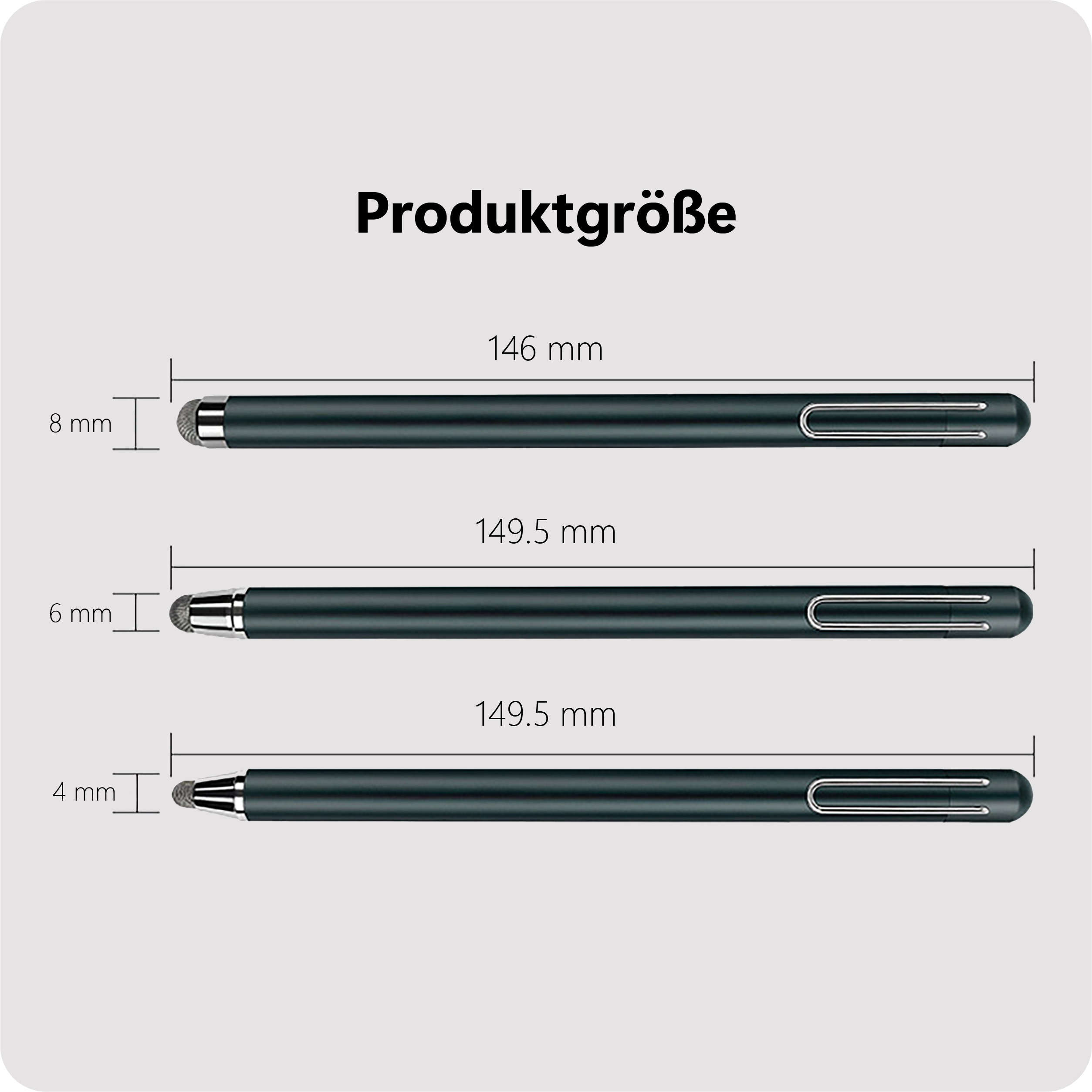 Drei Stifte mit mm-Maßen. Der obere Stift ist 146 mm lang und 8 mm dick. Der mittlere Stift ist 149,5 mm lang und 6 mm dick.