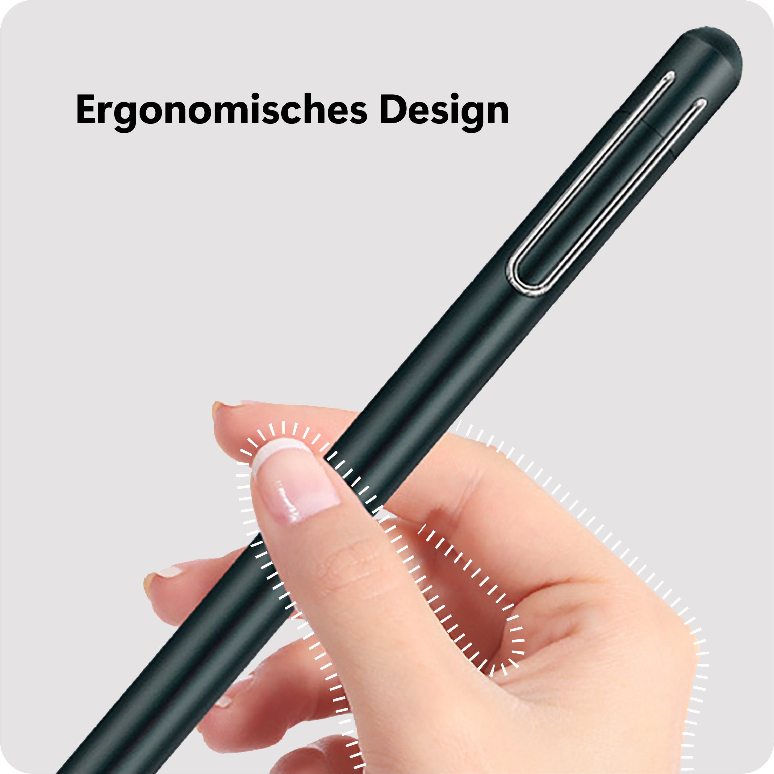 Eine Hand hält einen schwarzen Stift. Text: Ergonomisches Design.