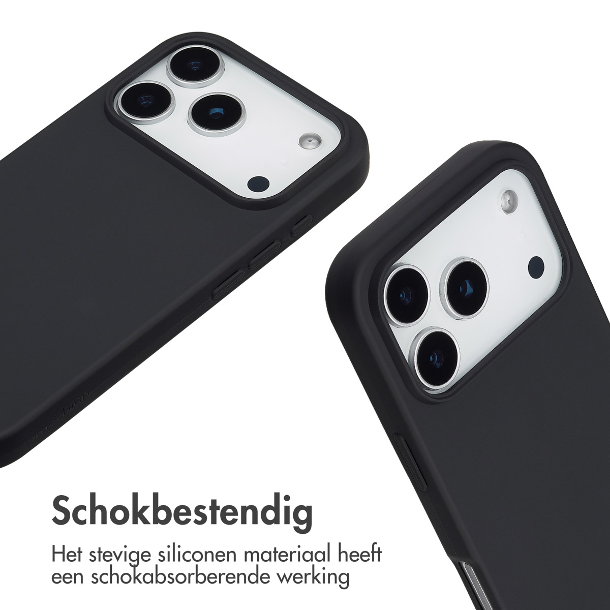 Zwei schwarze Handyhüllen mit Telefon. Weißer Hintergrund mit Text: Stoßfest, Silikonmaterial.