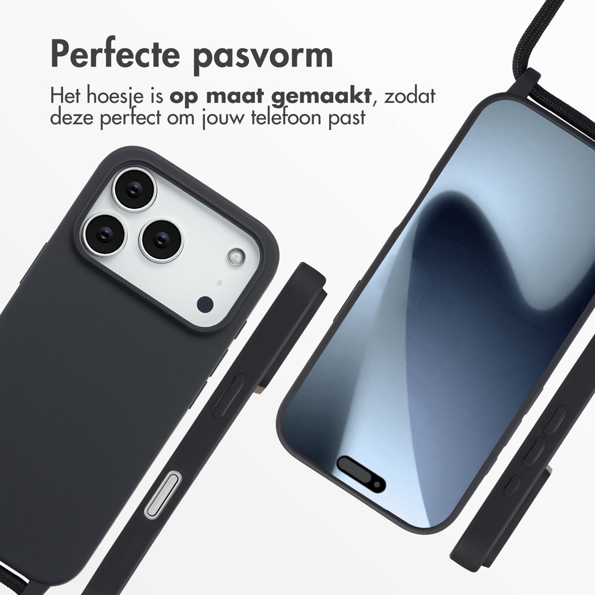 Handyhülle mit Telefon. Text auf dem Bildschirm lautet 'Perfekte Passform'.