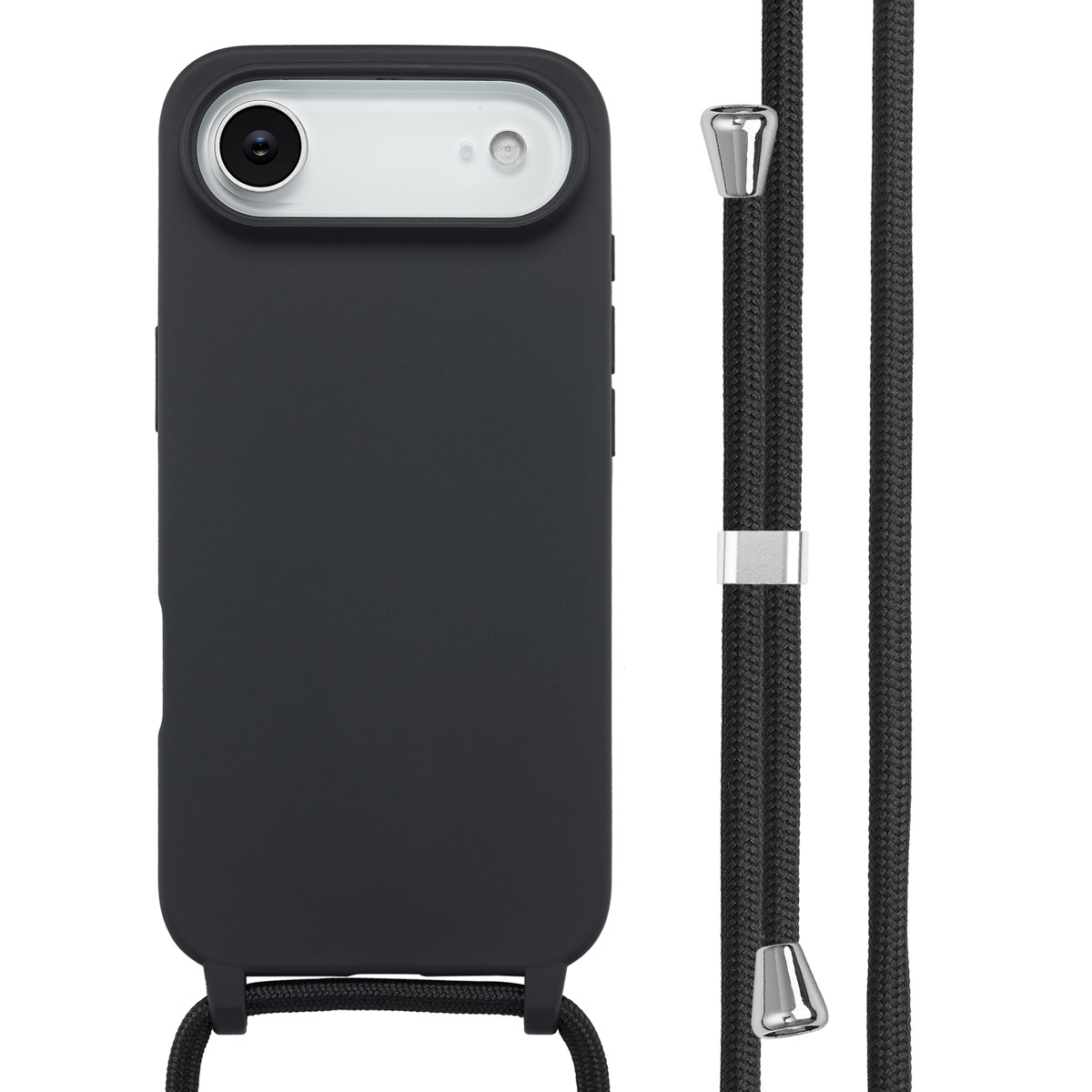 Zwarte telefoonhoes met een enkele camera en een zwart koord. Zilveren accenten op het koord.