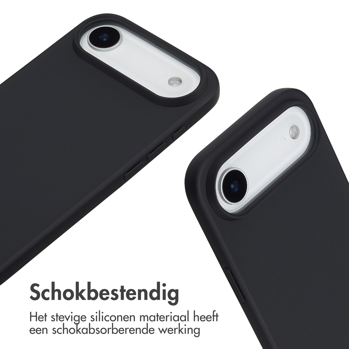 Twee zwarte telefoonhoesjes met een telefoon erin. Witte achtergrond met tekst: Schokbestendig, siliconen materiaal.