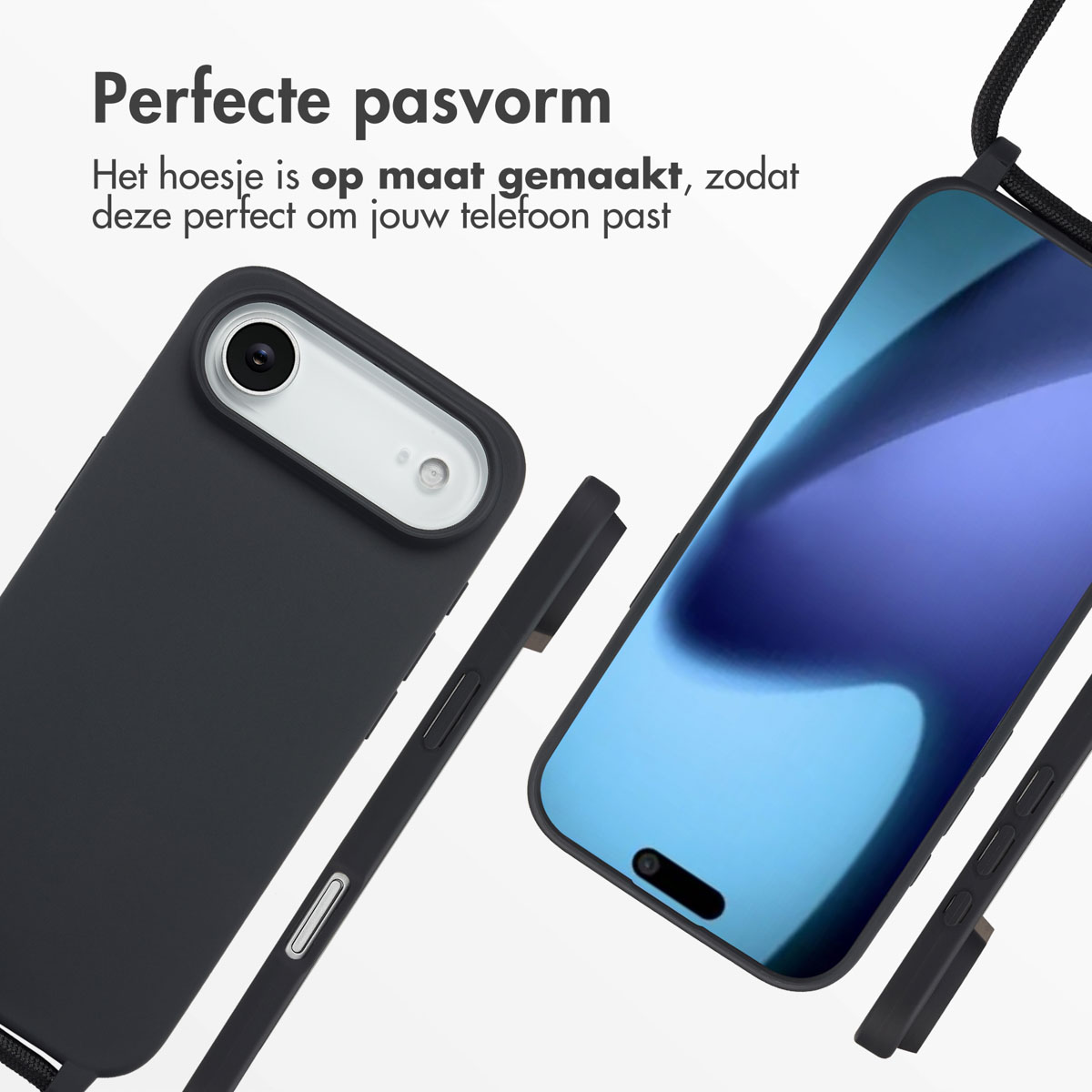 Zwarte telefoonhoes met een telefoon erin, en een zwart koord. Witte achtergrond met tekst.