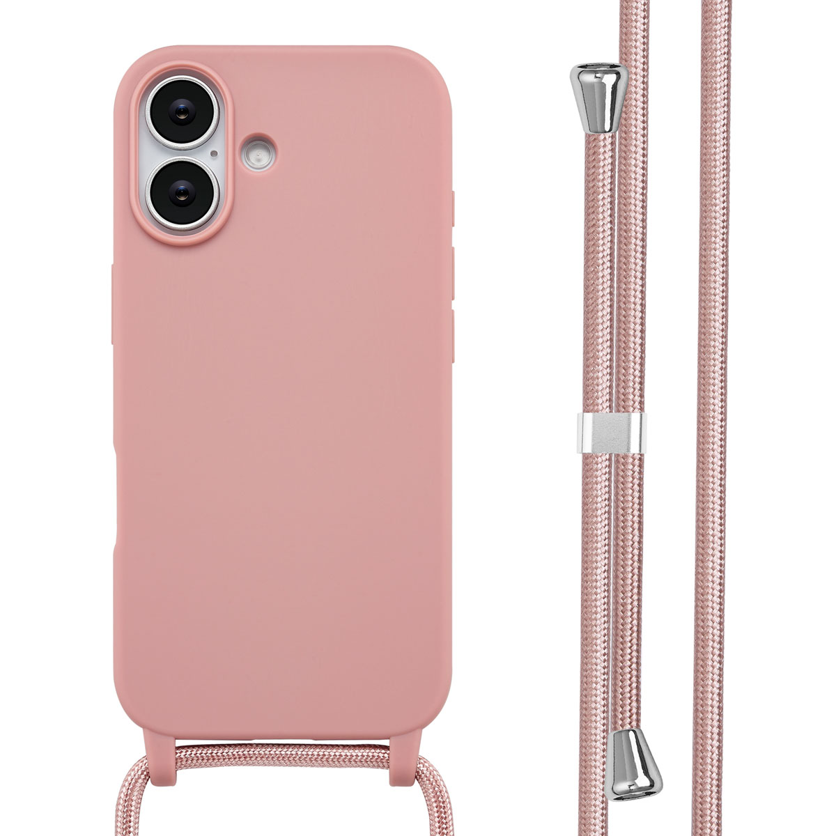 Custodia rosa con due fotocamere e cordino rosa. Accenti argentati sul cordino.