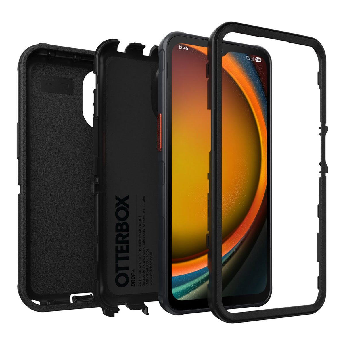 Custodia Otterbox nera a pezzi: anteriore, posteriore e telefono.