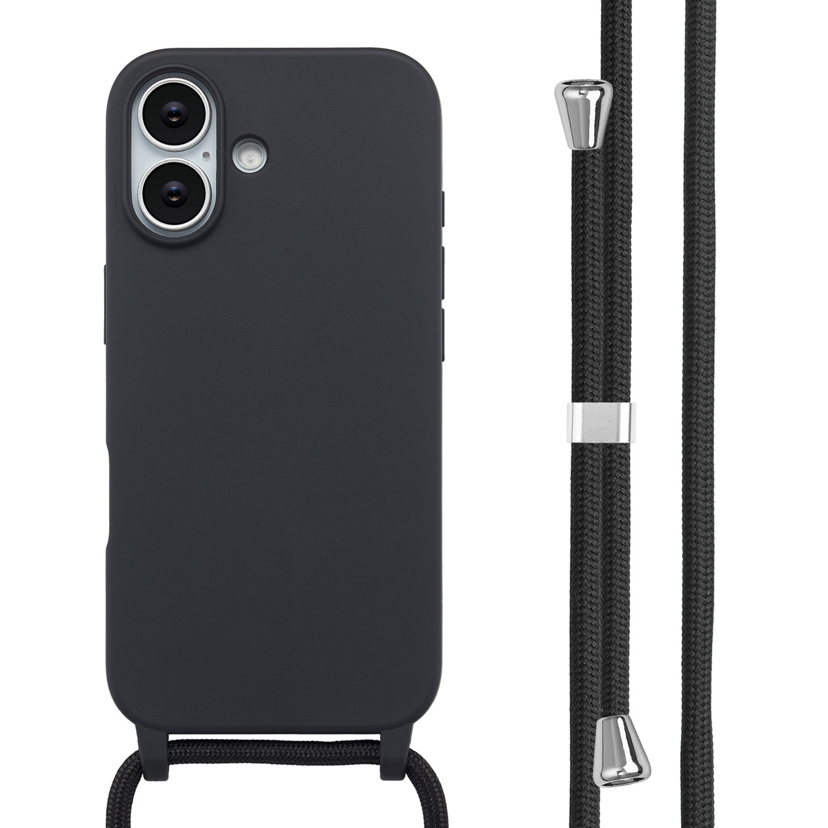 Custodia nera con cordino nero con dettagli argentati. La custodia ha due lenti della fotocamera.
