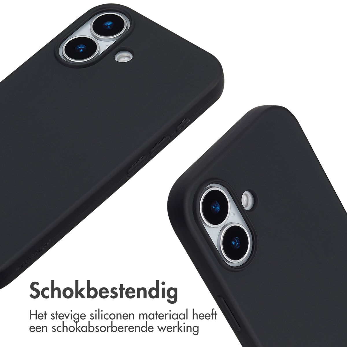 Due custodie nere con telefono. Sfondo bianco con testo: Antishock, materiale siliconico.