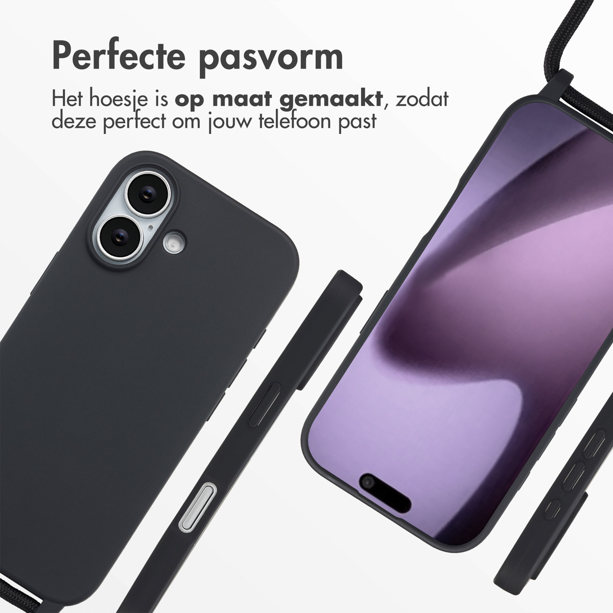 Custodia e telefono neri con schermo viola, accanto a un cordino nero. Testo: Vestibilità perfetta.