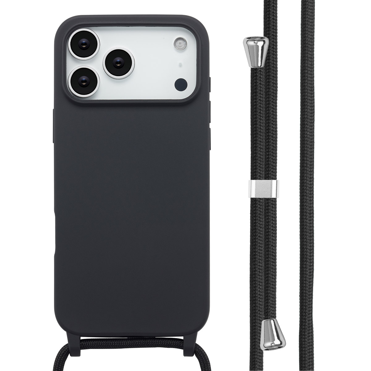 Coque noire avec cordon noir et détails argentés. La coque a trois lentilles de caméra.