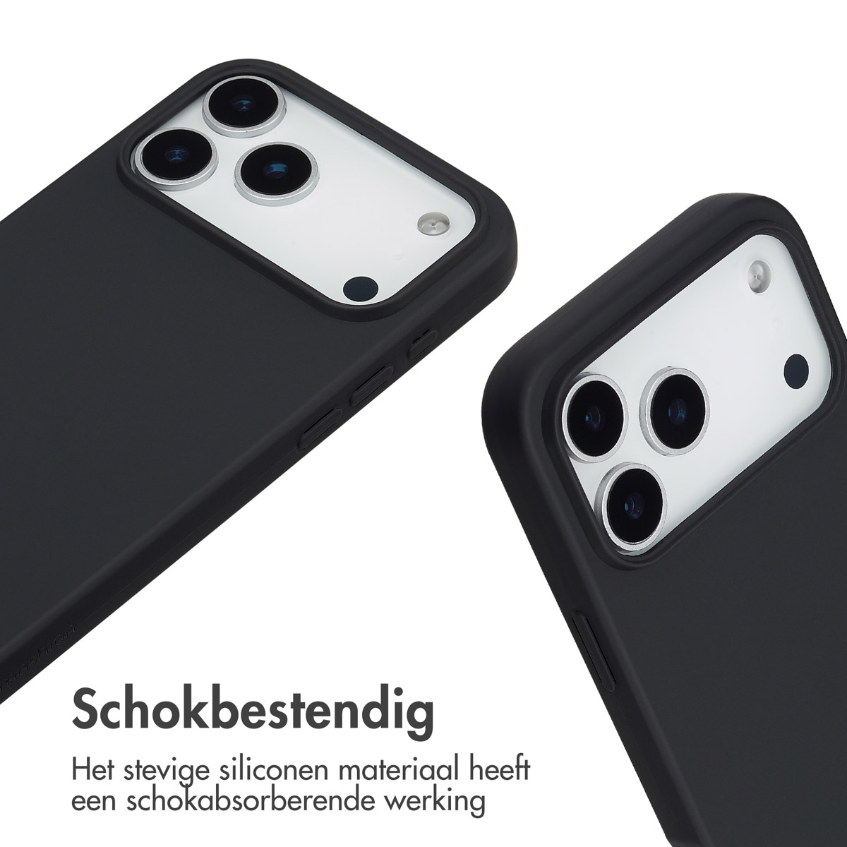 Deux coques noires. Texte : Antichoc. Le matériau en silicone a un effet absorbant les chocs.
