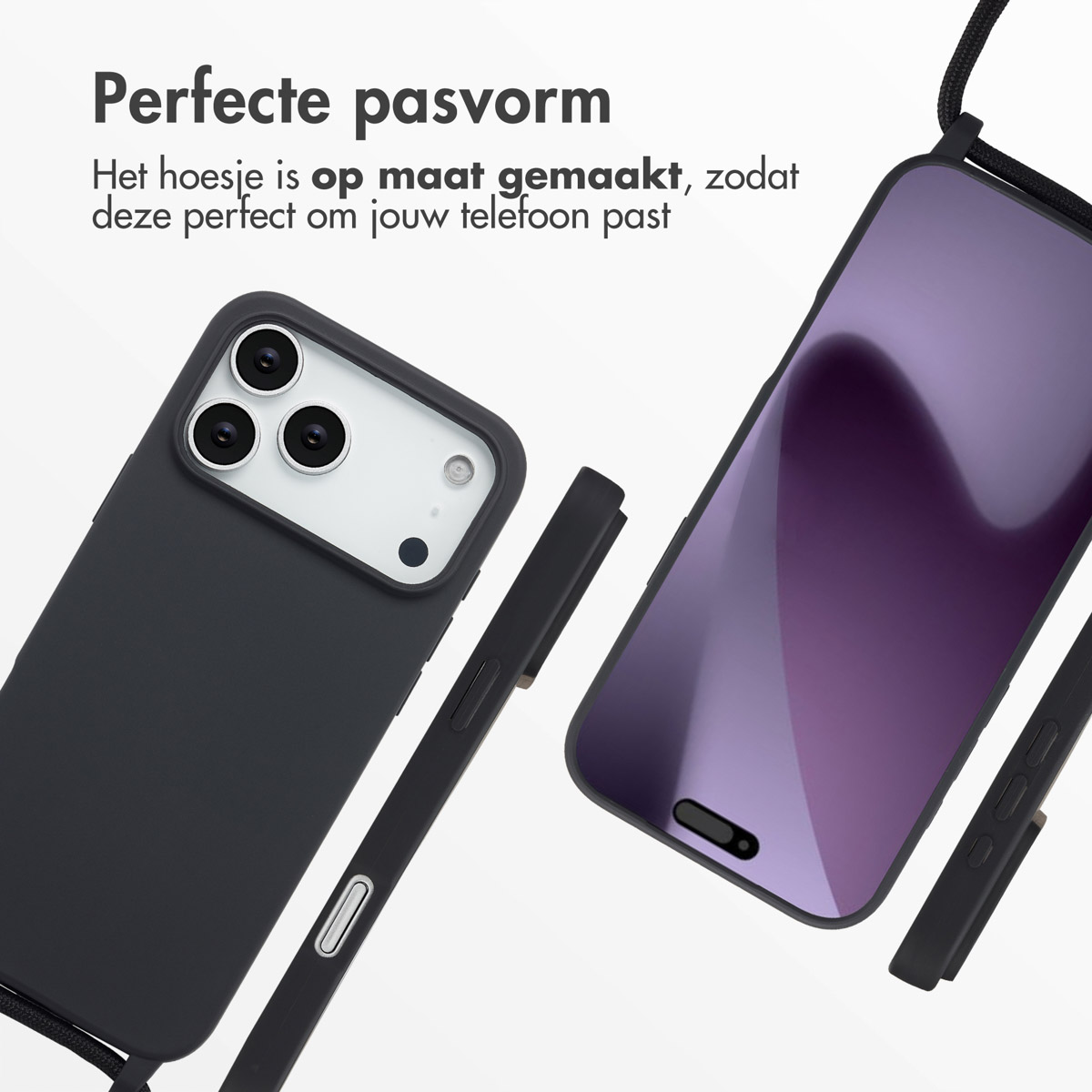 Coque et téléphone noirs avec écran violet, à côté d'un cordon noir. Texte : Ajustement parfait.
