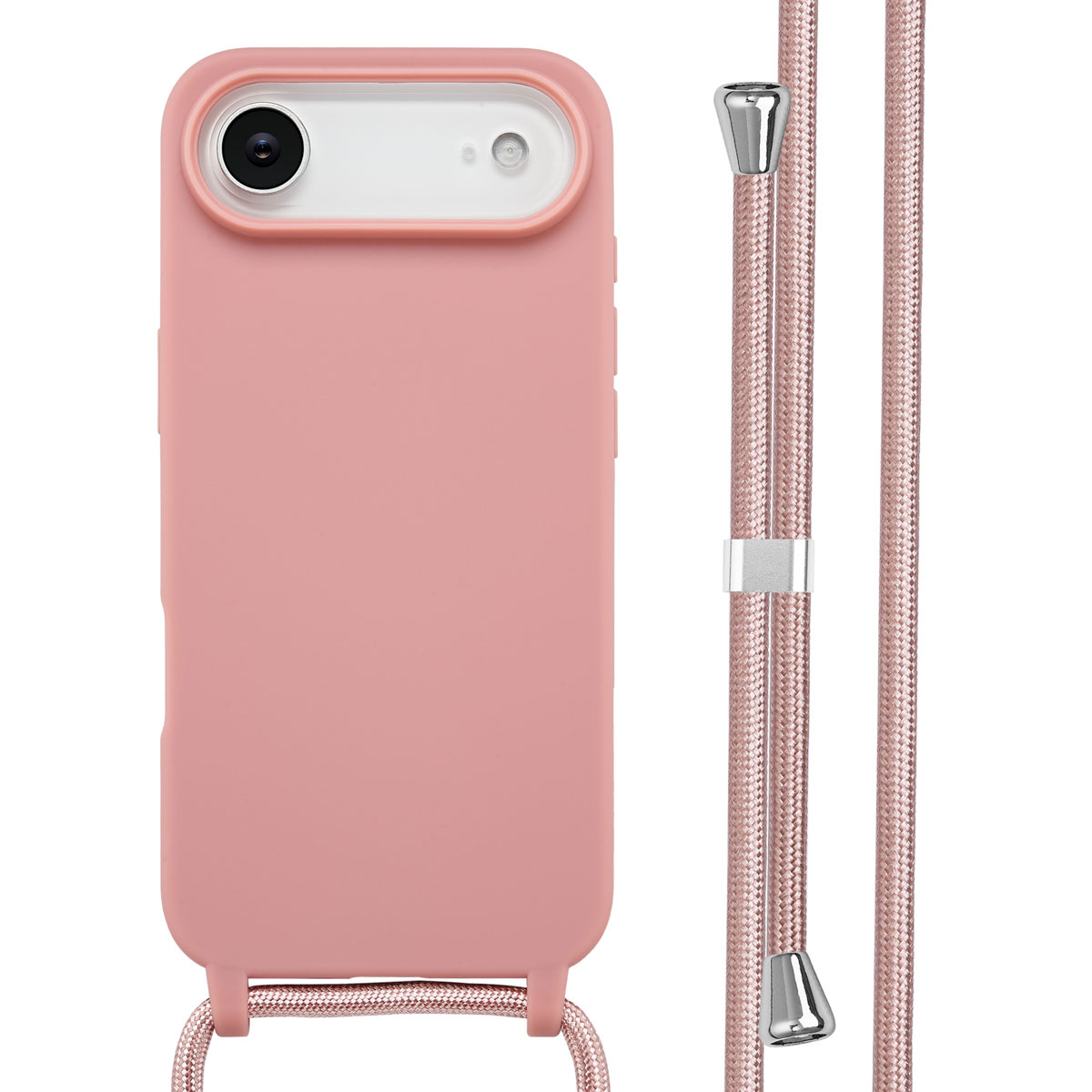 Roze telefoonhoes en een roze koord met zilveren accenten. Eén cameralens.