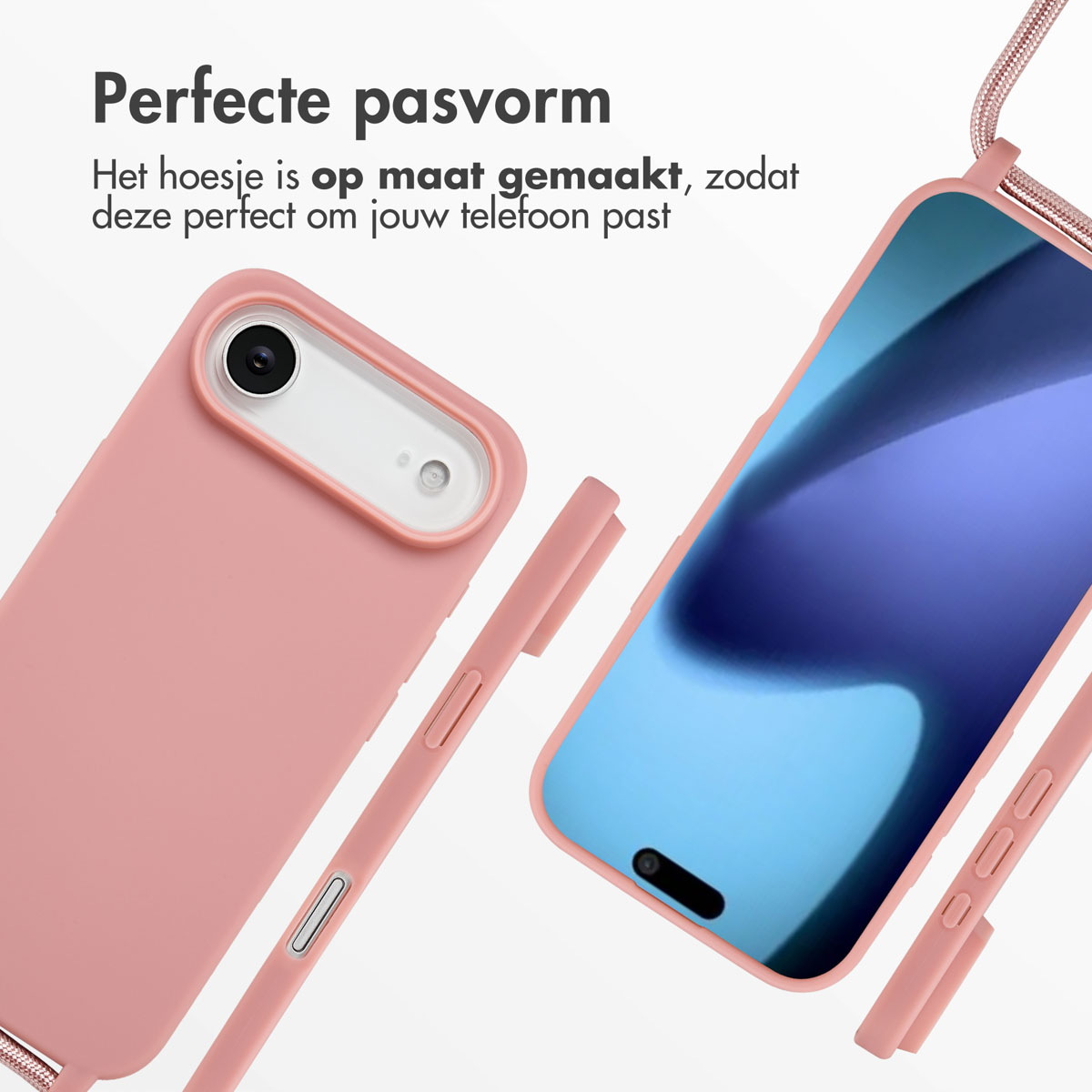 Roze telefoonhoes en telefoon met blauw scherm, naast een roze koord. Tekst: Perfecte pasvorm.