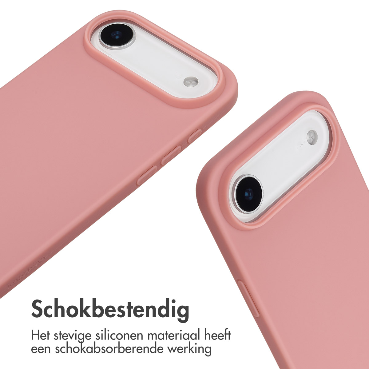 Twee roze telefoonhoesjes. Tekst: Schokbestendig. Het siliconen materiaal heeft een schokabsorberend effect.