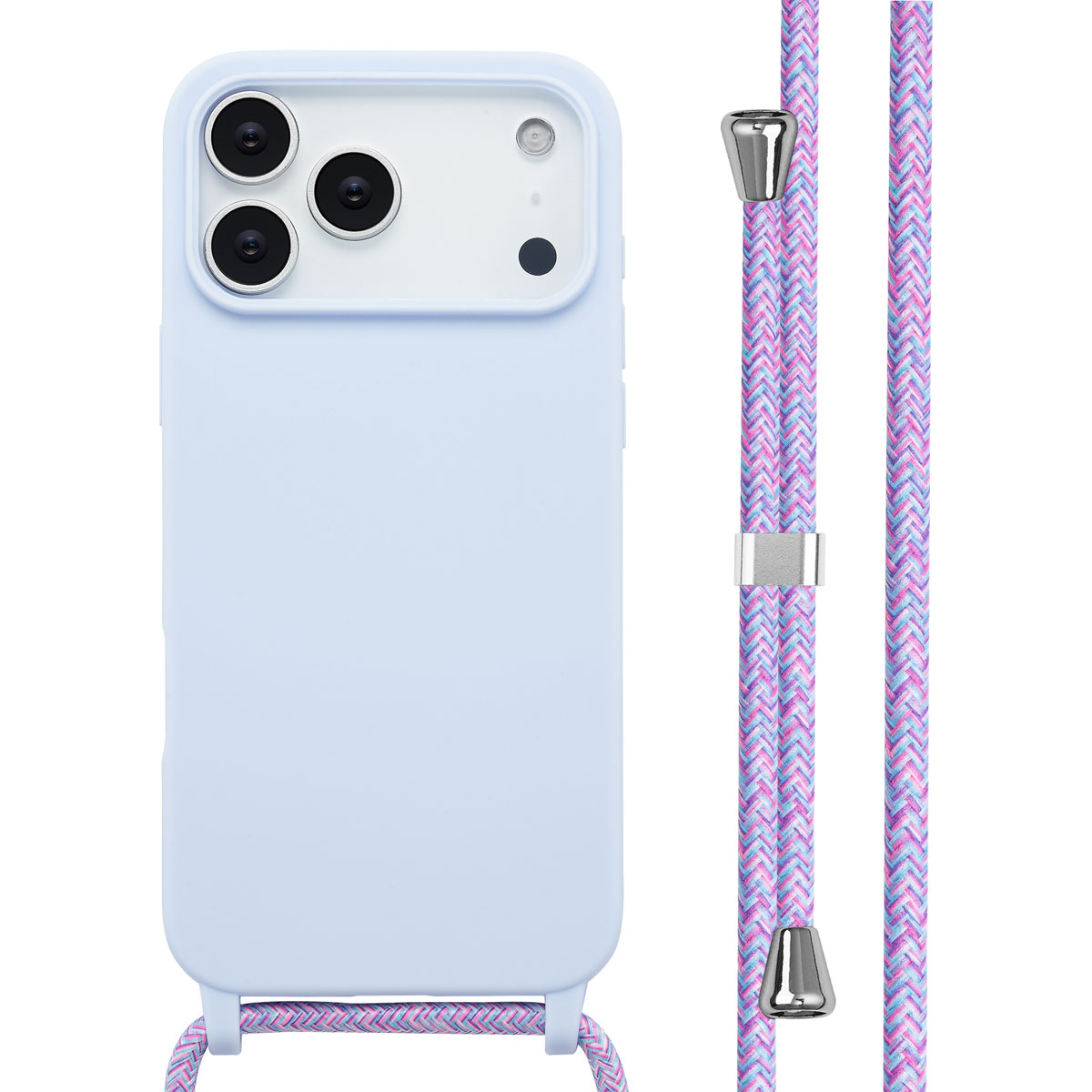 Coque bleue et cordon bleu et rose avec détails argentés. La coque a trois lentilles.