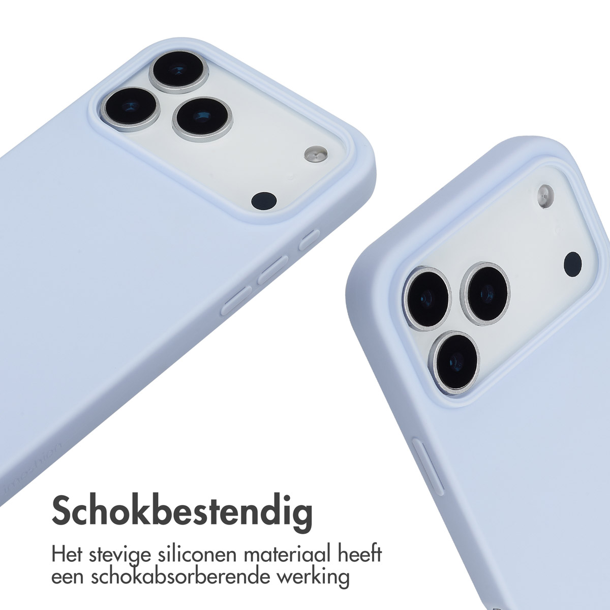 Deux coques bleues. Texte : Antichoc. Le matériau en silicone a un effet absorbant les chocs.