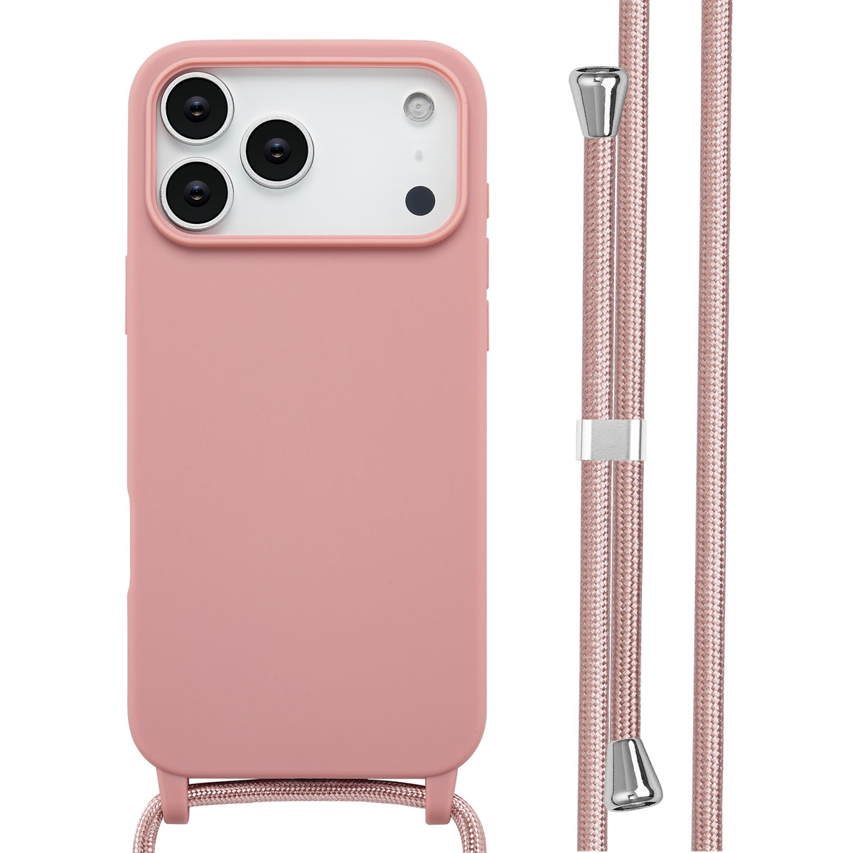 Roze telefoonhoes en roze koord met zilveren accenten. Drie cameralenzen.