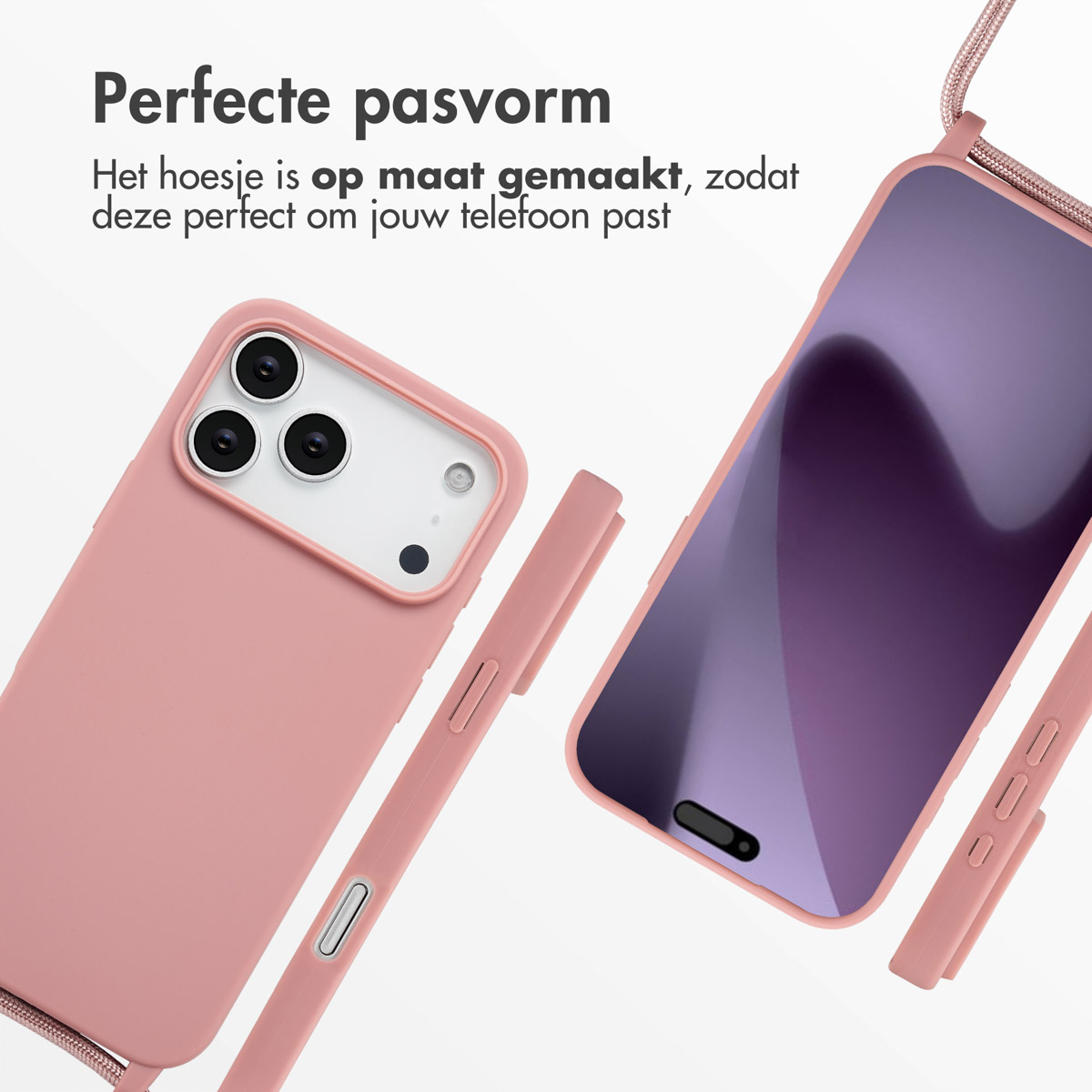 Roze telefoonhoes en telefoon met paars scherm, naast een roze koord. Tekst: Perfecte pasvorm.