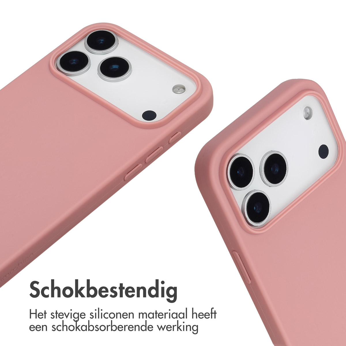 Twee roze telefoonhoesjes, één scherp, tonen de camera-uitsparingen. Witte achtergrond. Nederlandse tekst beschrijft schokbestendigheid.