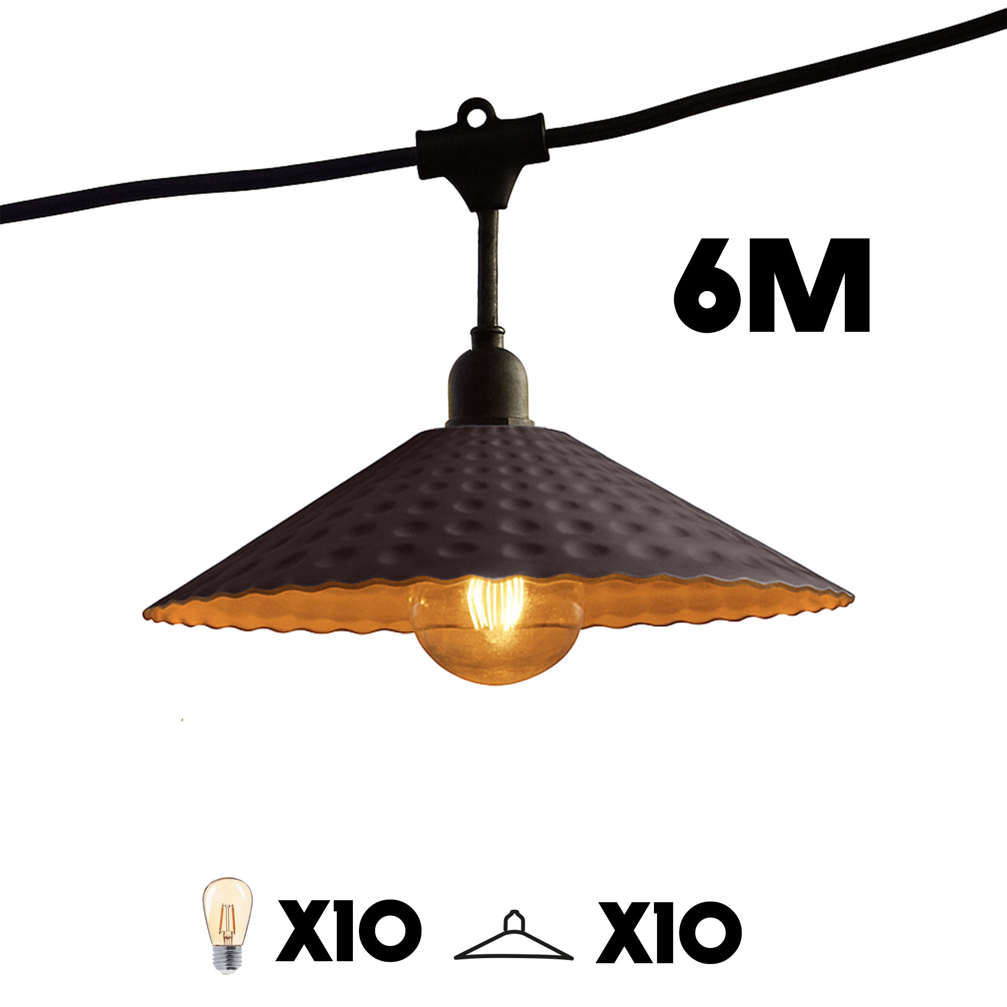 Lichterketten mit einer Hängelampe, Glühbirne und Aufhänger. Text zeigt 6M, X10 und X10.