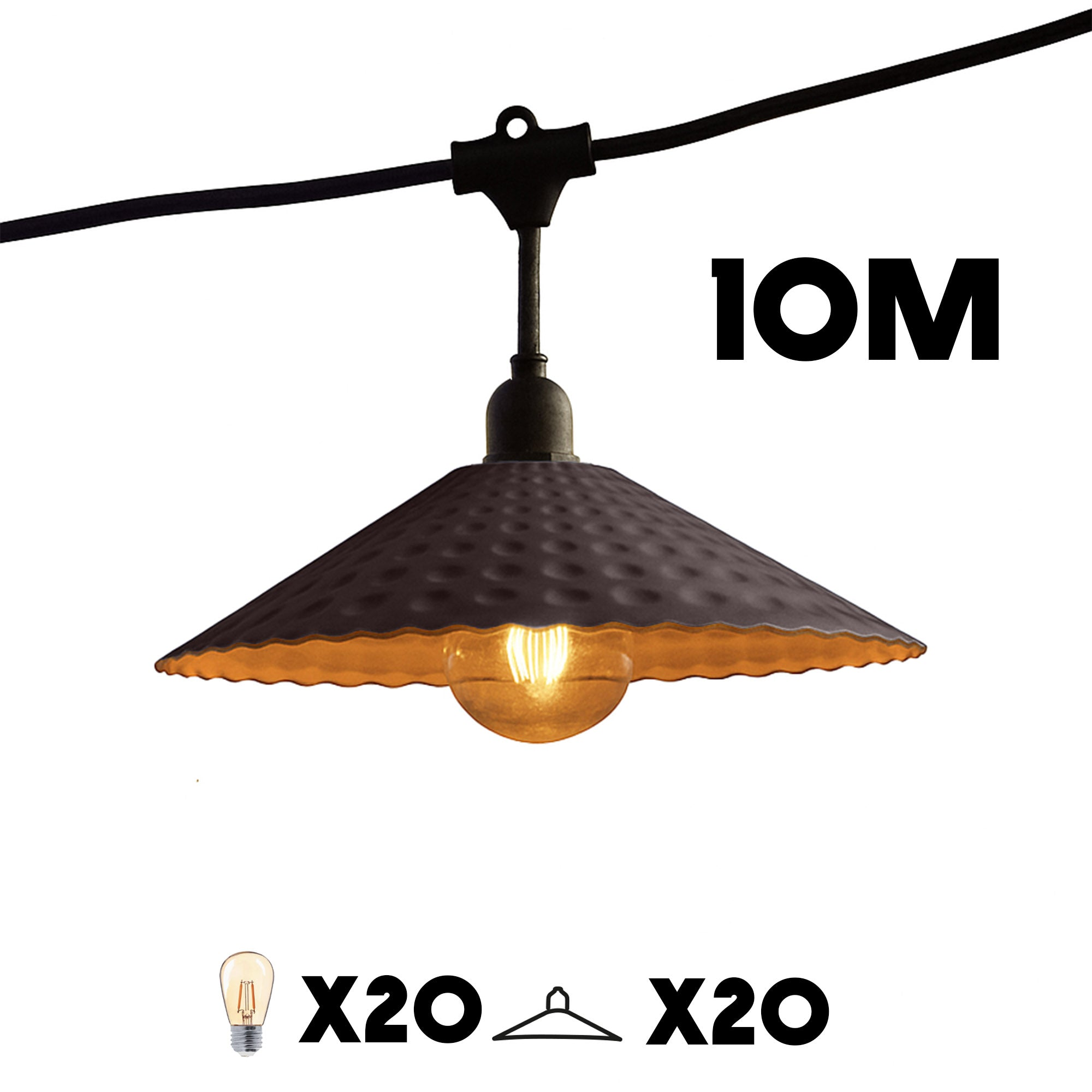 Lichterketten mit einer Hängelampe, Glühbirne und Aufhänger. Text zeigt 10M, X20 und X20.
