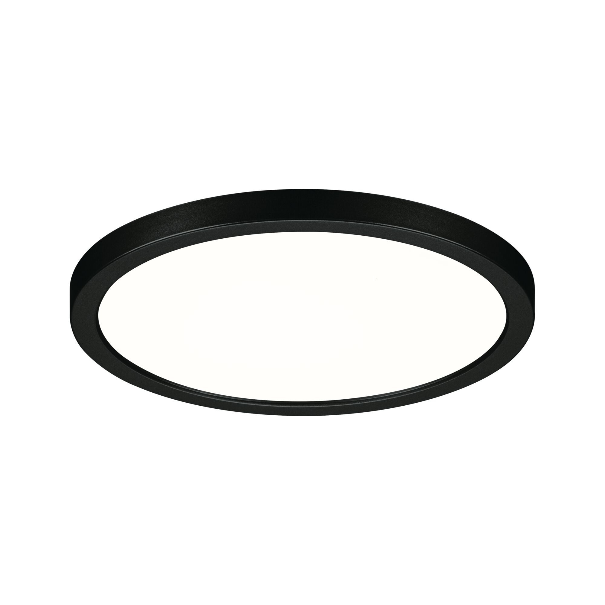 Eine schwarze, runde LED-Deckenleuchte. Das Licht ist kreisförmig mit einem hellweißen Zentrum.