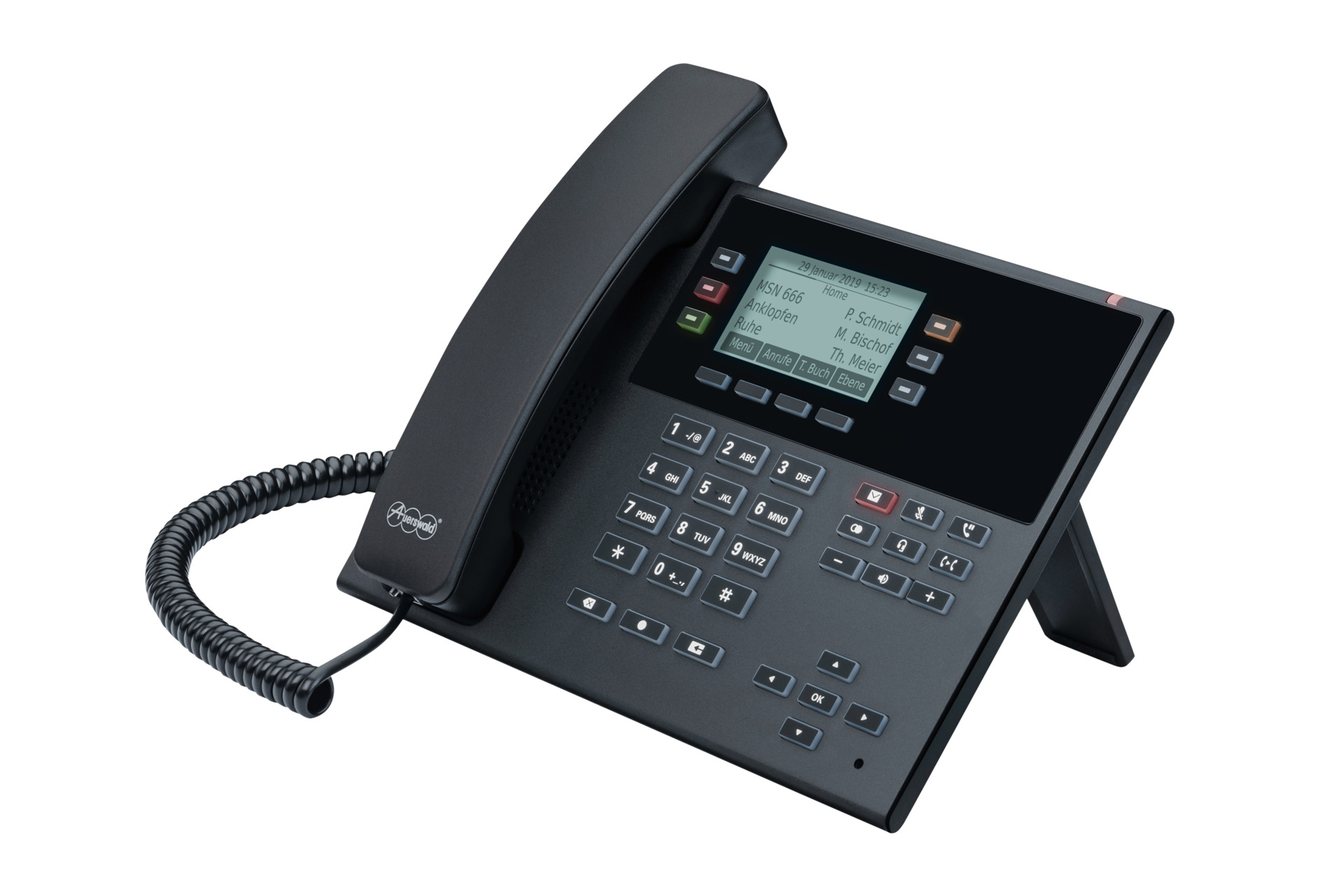 Telefono da ufficio nero con cornetta a sinistra. Ha uno schermo che mostra informazioni e un tastierino numerico.