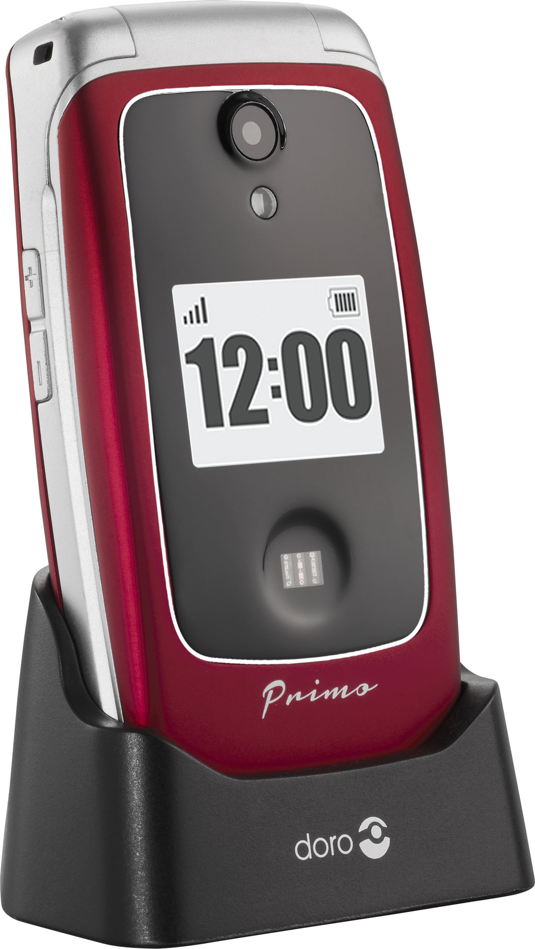 Teléfono plegable rojo y plateado en una base de carga negra. La pantalla muestra las 12:00. El teléfono tiene cámara.