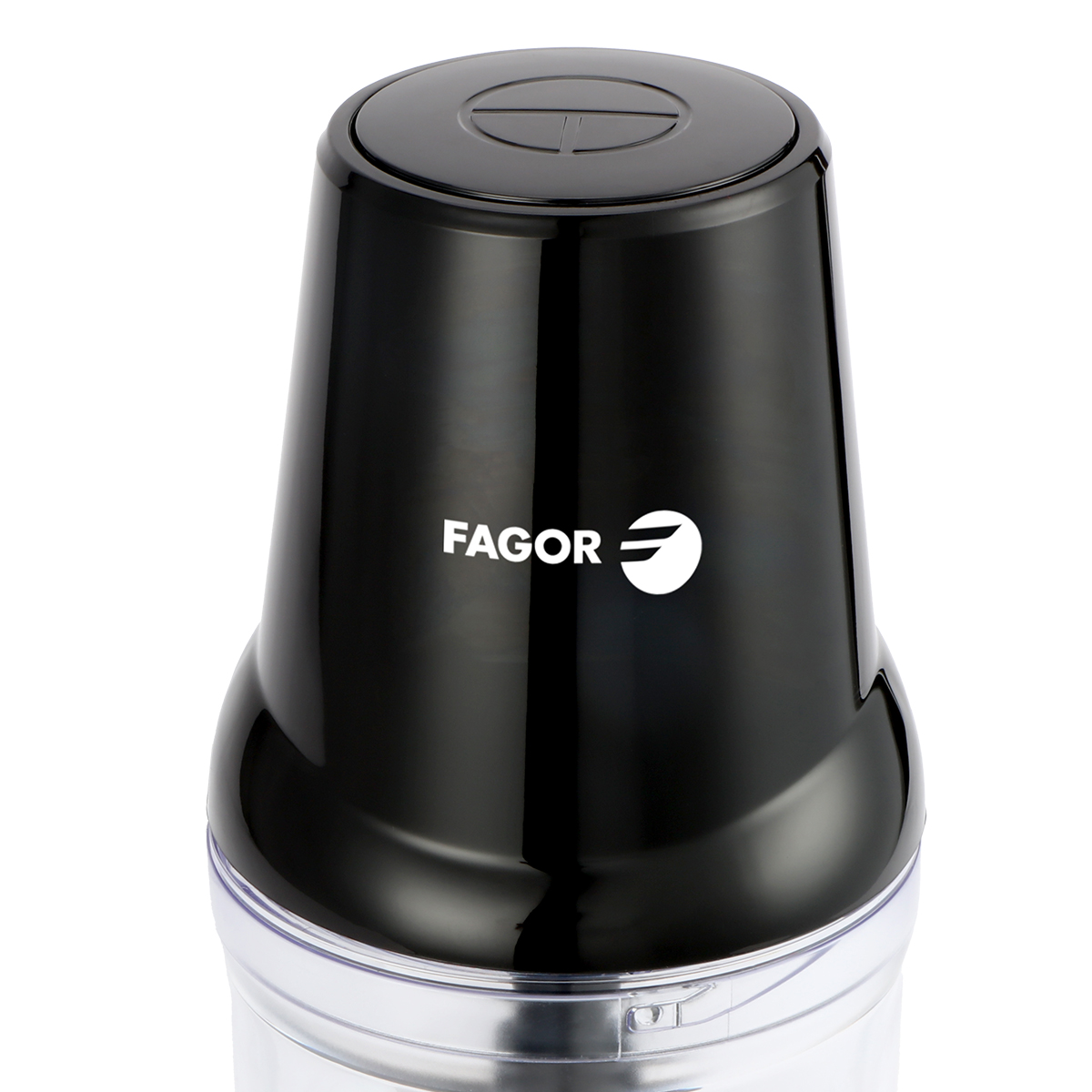 Un picador de alimentos Fagor negro. Tiene una base transparente y una tapa negra brillante. La marca y el logotipo son visibles.