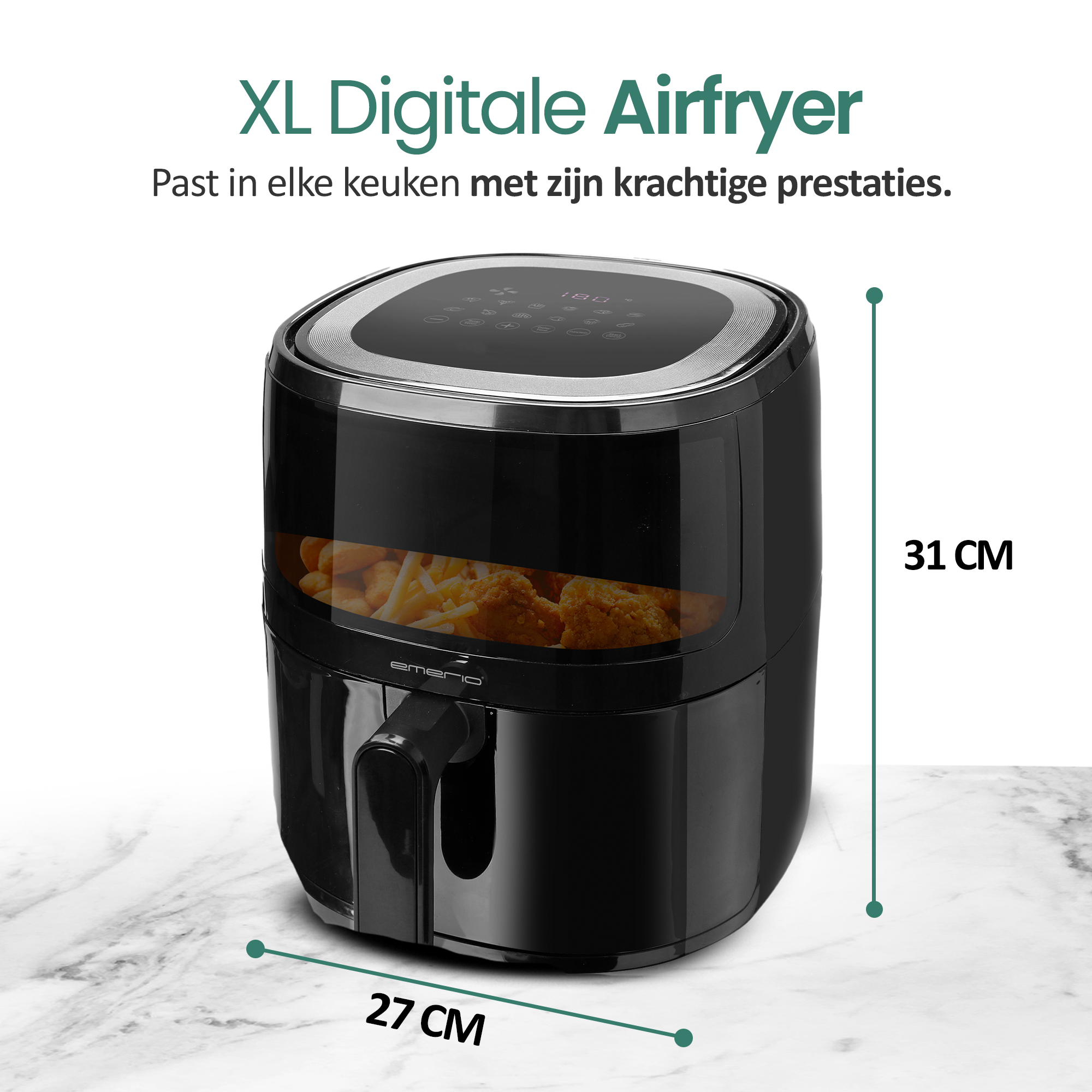 Czarna frytkownica powietrzna z cyfrowym wyświetlaczem, o wymiarach 27x31cm. Tekst w języku niderlandzkim: 'XL Digitale Airfryer'.