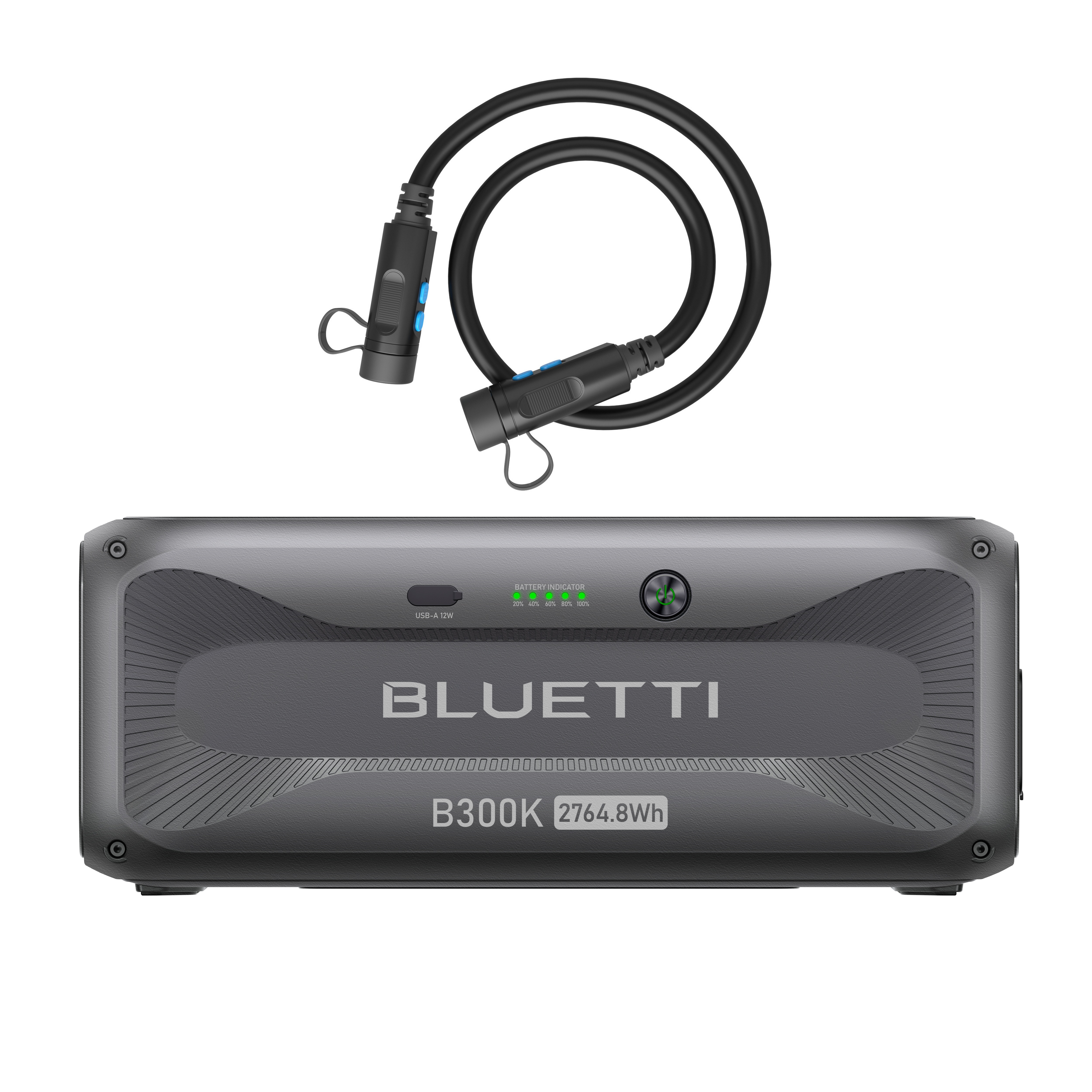 Czarny kabel nad szarą baterią BLUETTI B300K. Bateria ma port USB i wskaźnik naładowania.