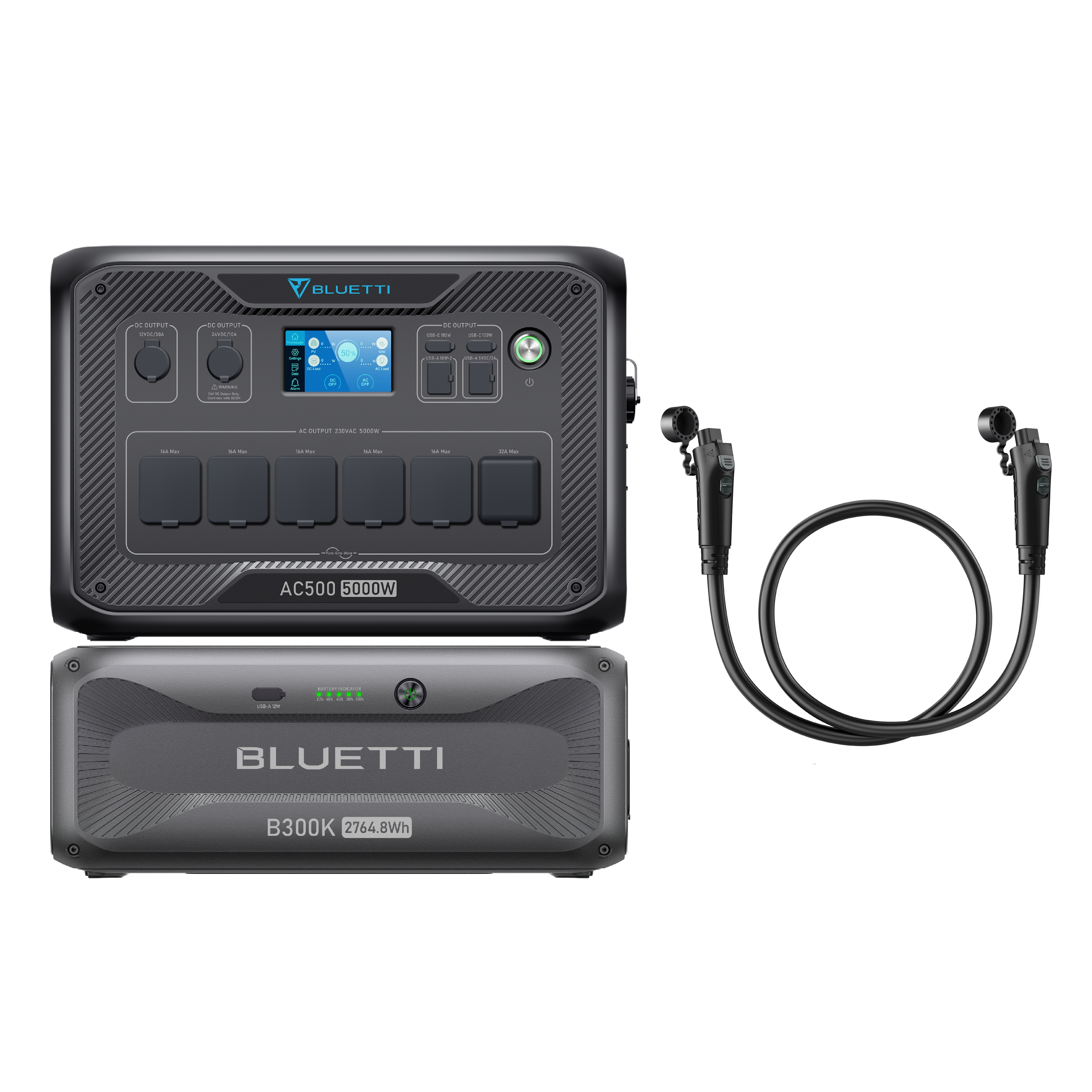 Schwarze Bluetti AC500 5000W Powerstation mit B300K-Batterie und Ladekabel. Das Display zeigt den Batteriestatus an.