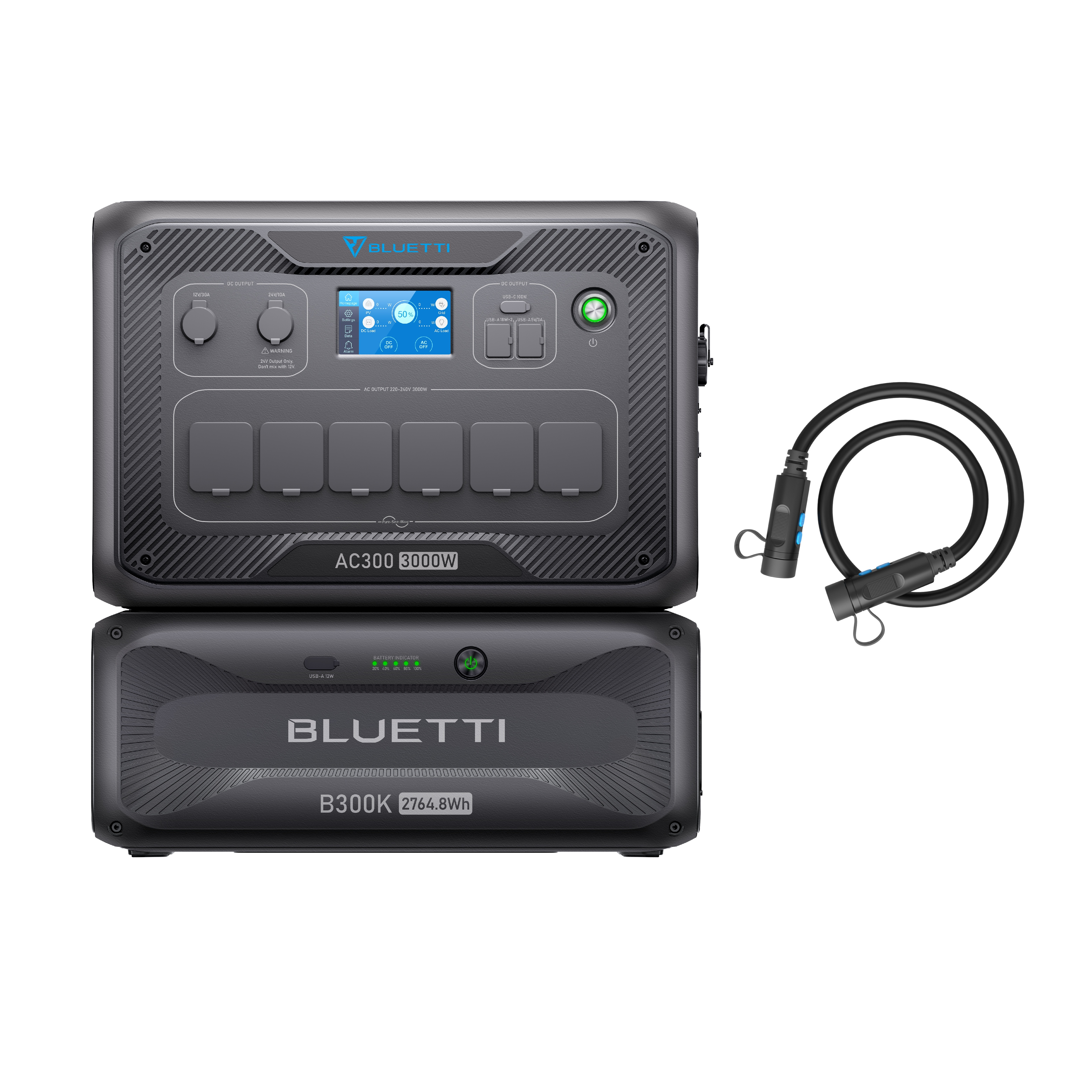 Czarna stacja zasilania Bluetti AC300 3000W z akumulatorem B300K i kablem ładującym. Wyświetlacz pokazuje stan baterii.