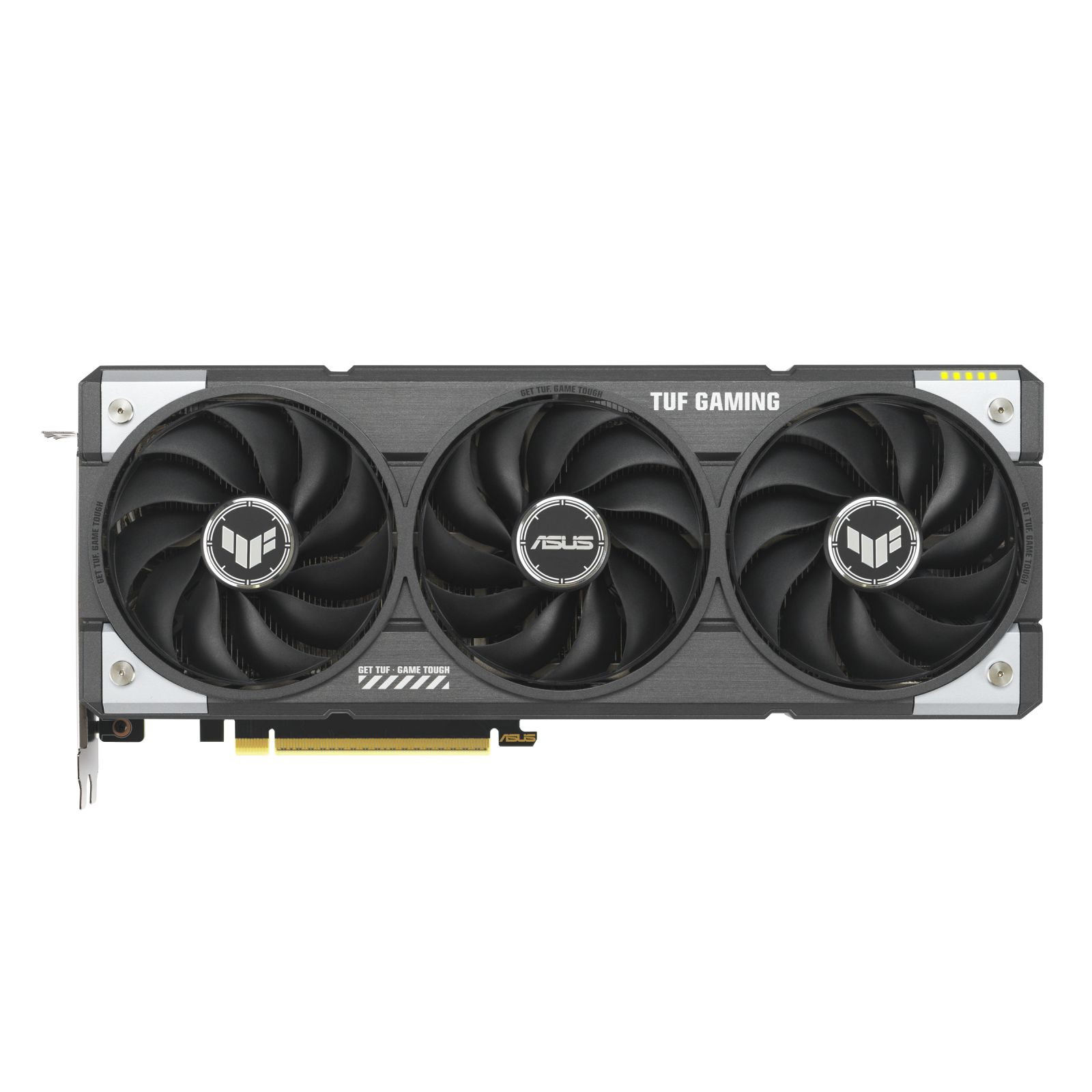 Scheda grafica con tre ventole, loghi ASUS e TUF Gaming, sfondo bianco.