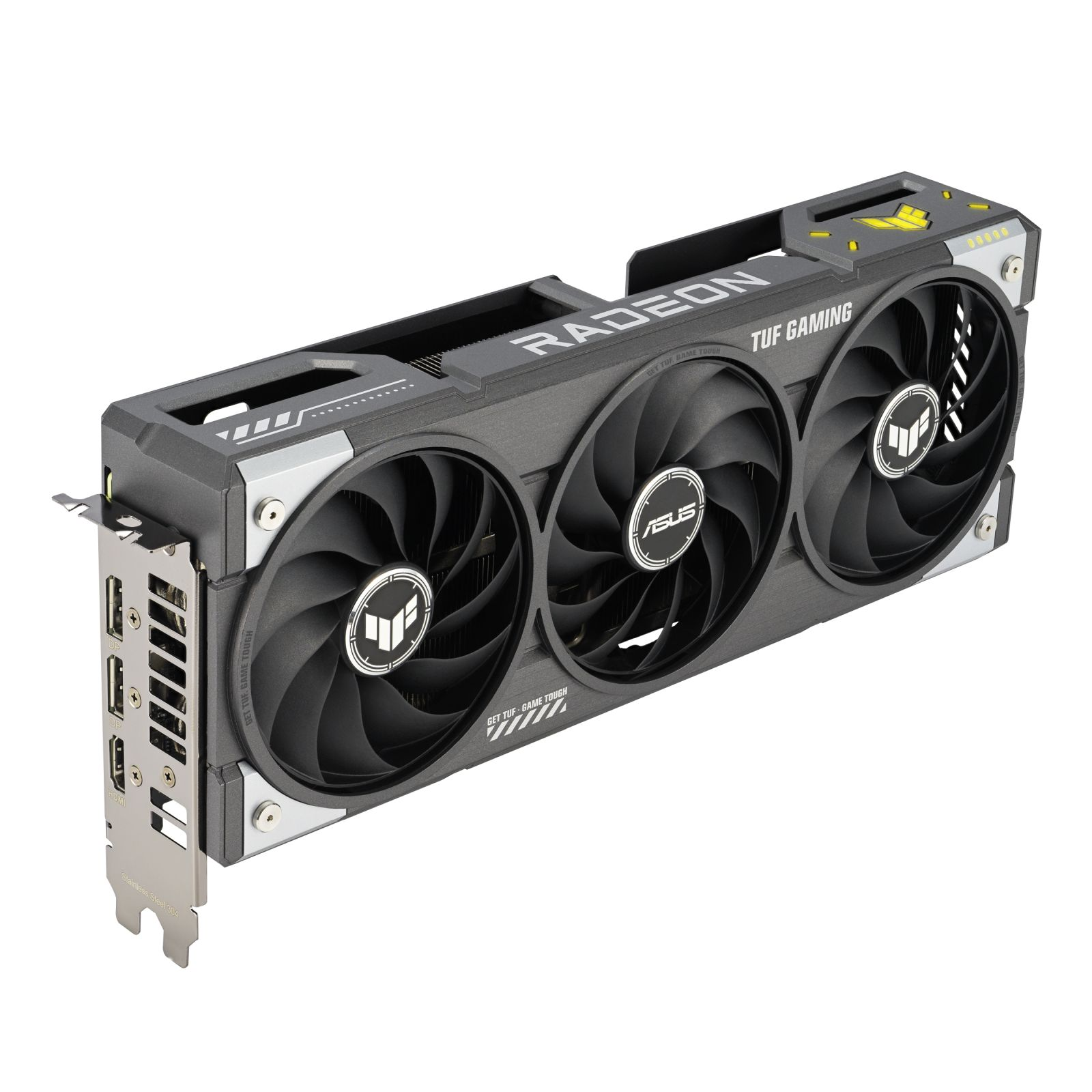 Una scheda grafica Asus Radeon TUF Gaming grigia e nera con tre ventole. La scheda presenta i loghi Radeon e TUF Gaming.