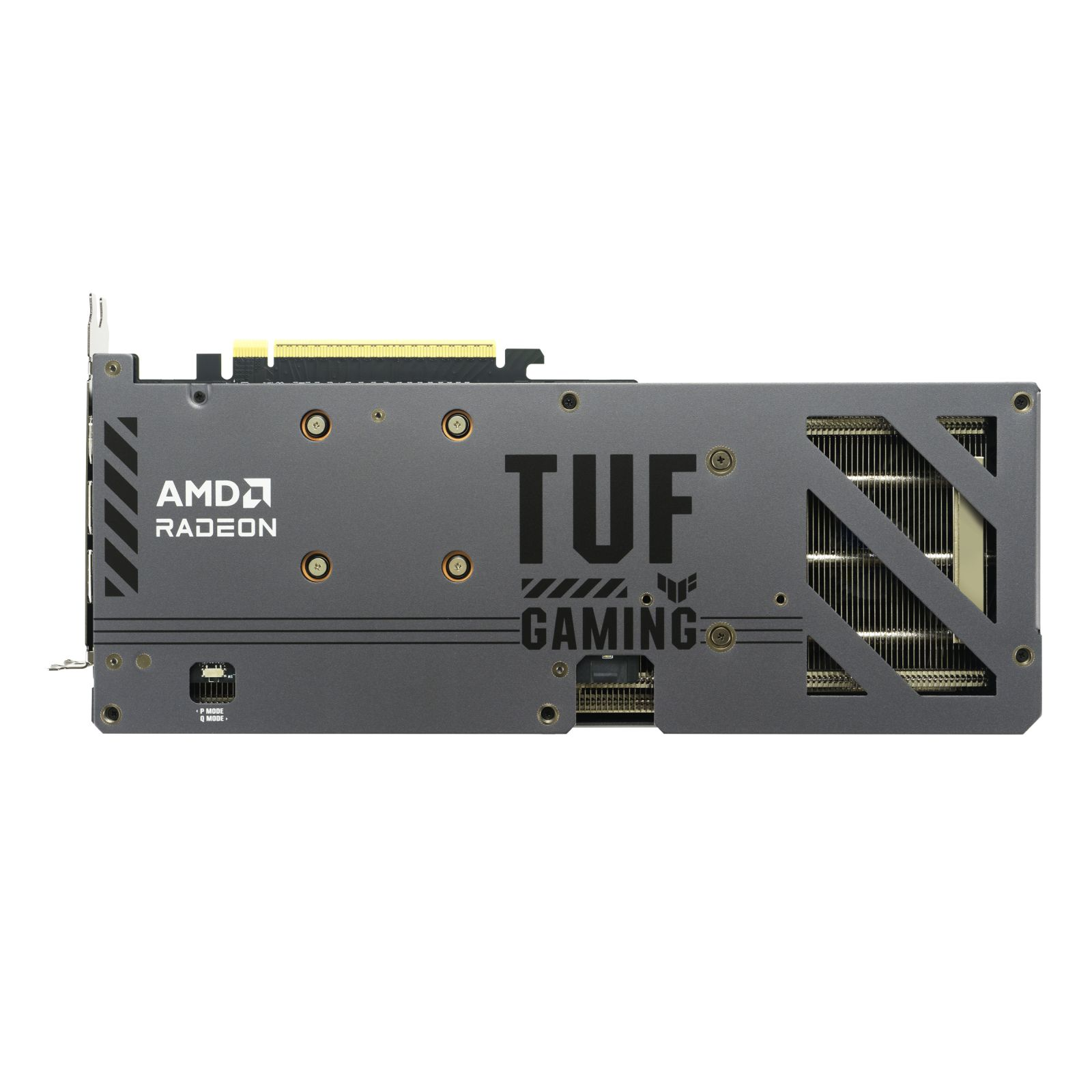 Vista laterale di una scheda grafica nera con logo AMD Radeon e logo TUF Gaming.