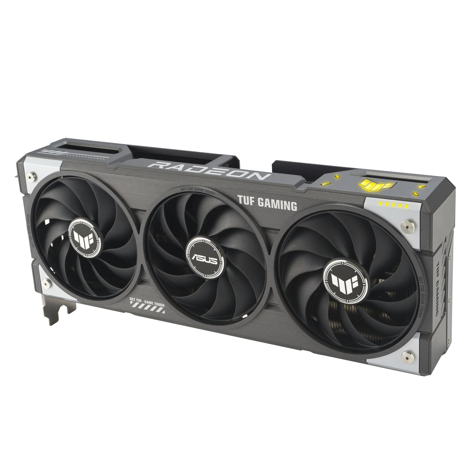 Una scheda grafica nera e grigia con tre ventole, visibili le parole 'TUF GAMING' e 'RADEON'.
