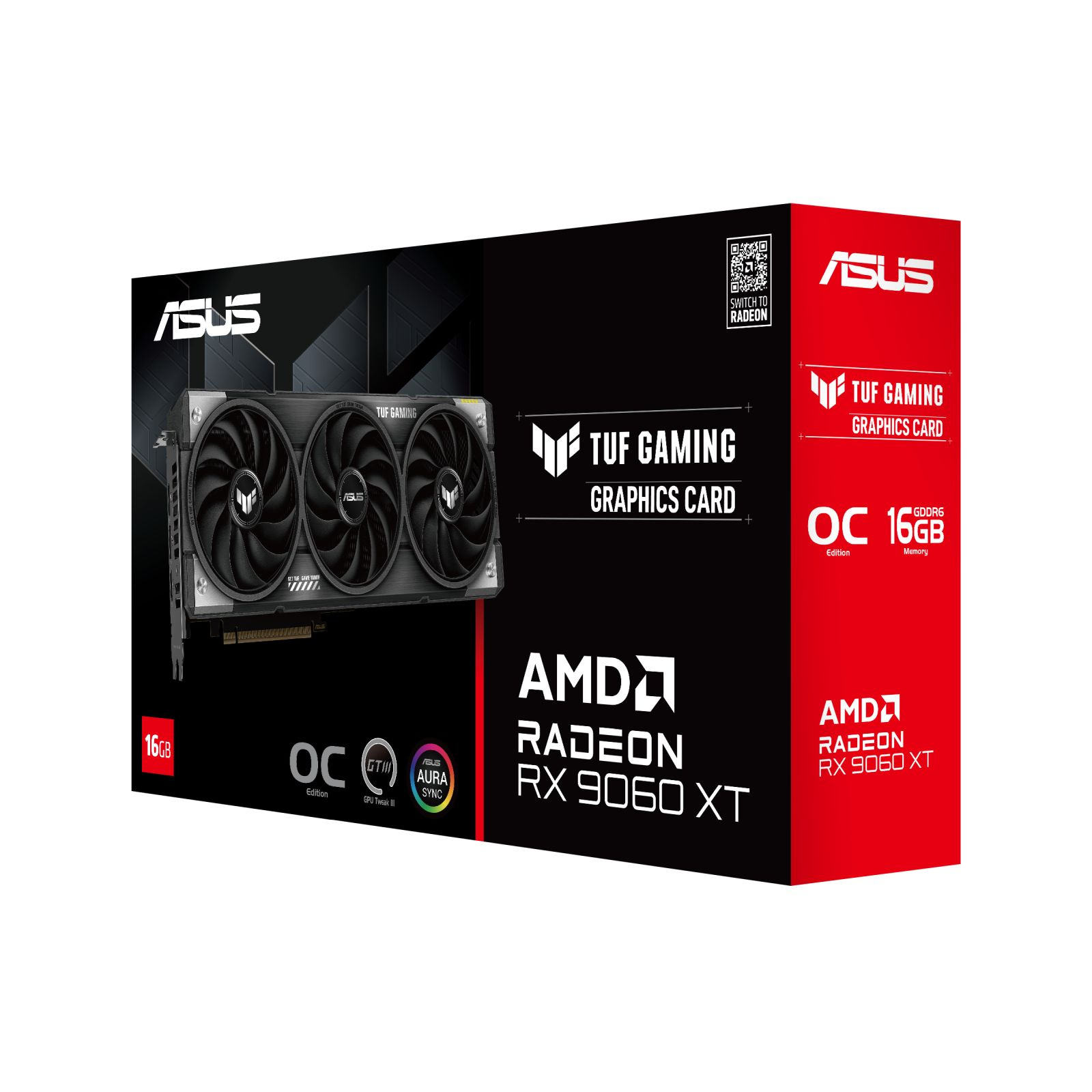 Scatola con immagine di scheda grafica, nera e rossa, loghi ASUS e AMD, scritta RX 3060 XT.
