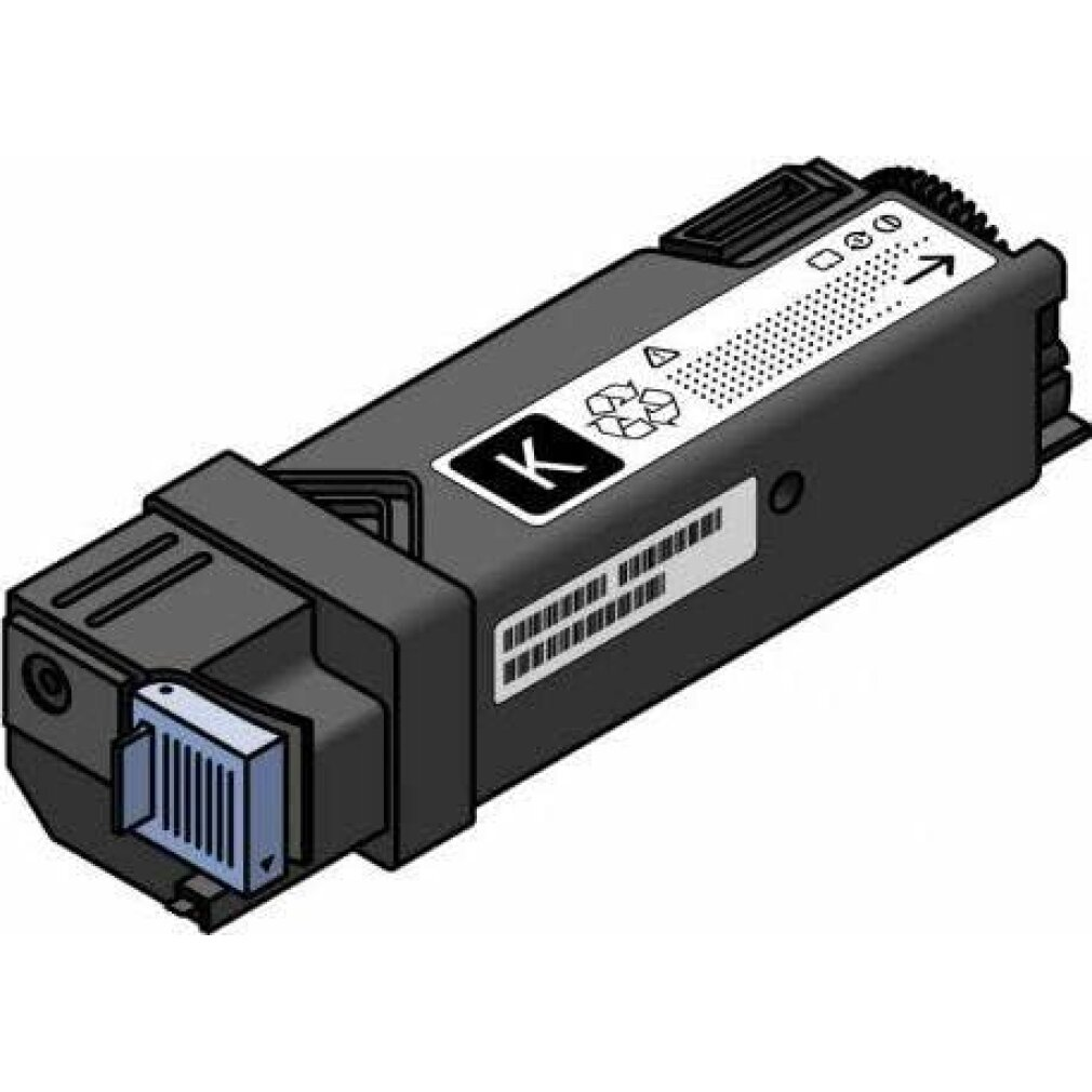 Una cartuccia toner per stampante nera e grigia con simbolo 'K', codice a barre e simboli di riciclo su sfondo bianco.