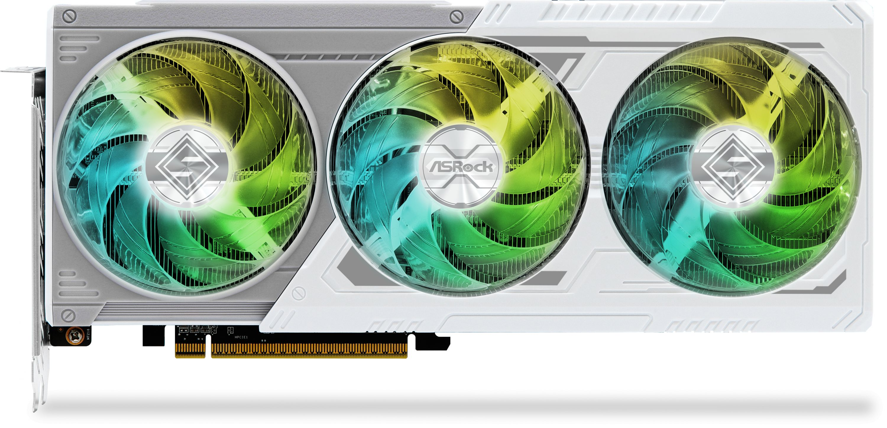 Biała i srebrna karta graficzna z trzema wentylatorami o tęczowych łopatkach. Widoczne logo ASRock.