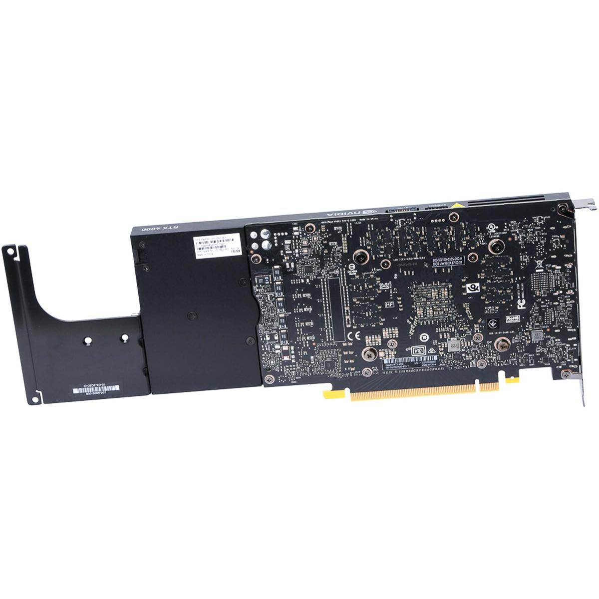 Una scheda grafica nera e grigia con componenti visibili e la scritta RTX 4000 sul lato sinistro.