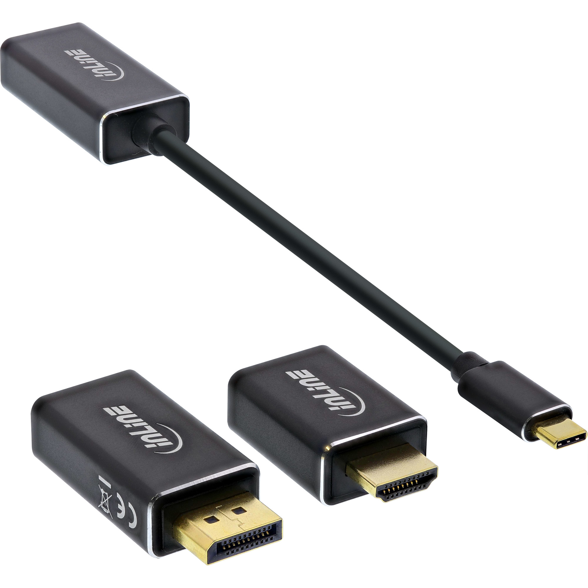 Tre adattatori InLine neri, due HDMI e uno USB-C a HDMI, su sfondo bianco.