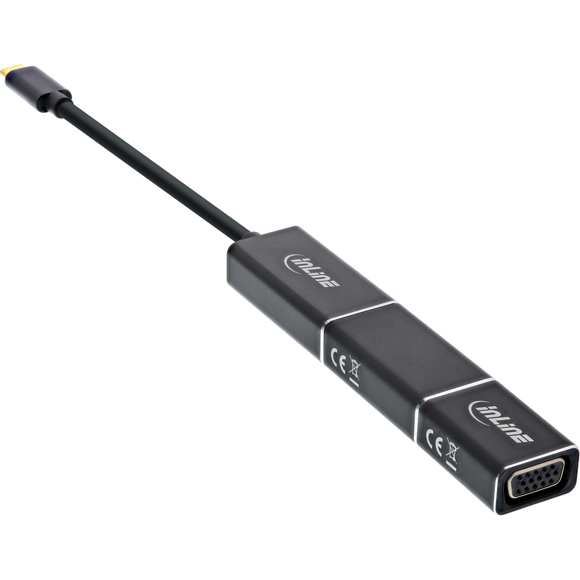 Adattatore Inline nero con connettore VGA e USB-C. Sfondo bianco.