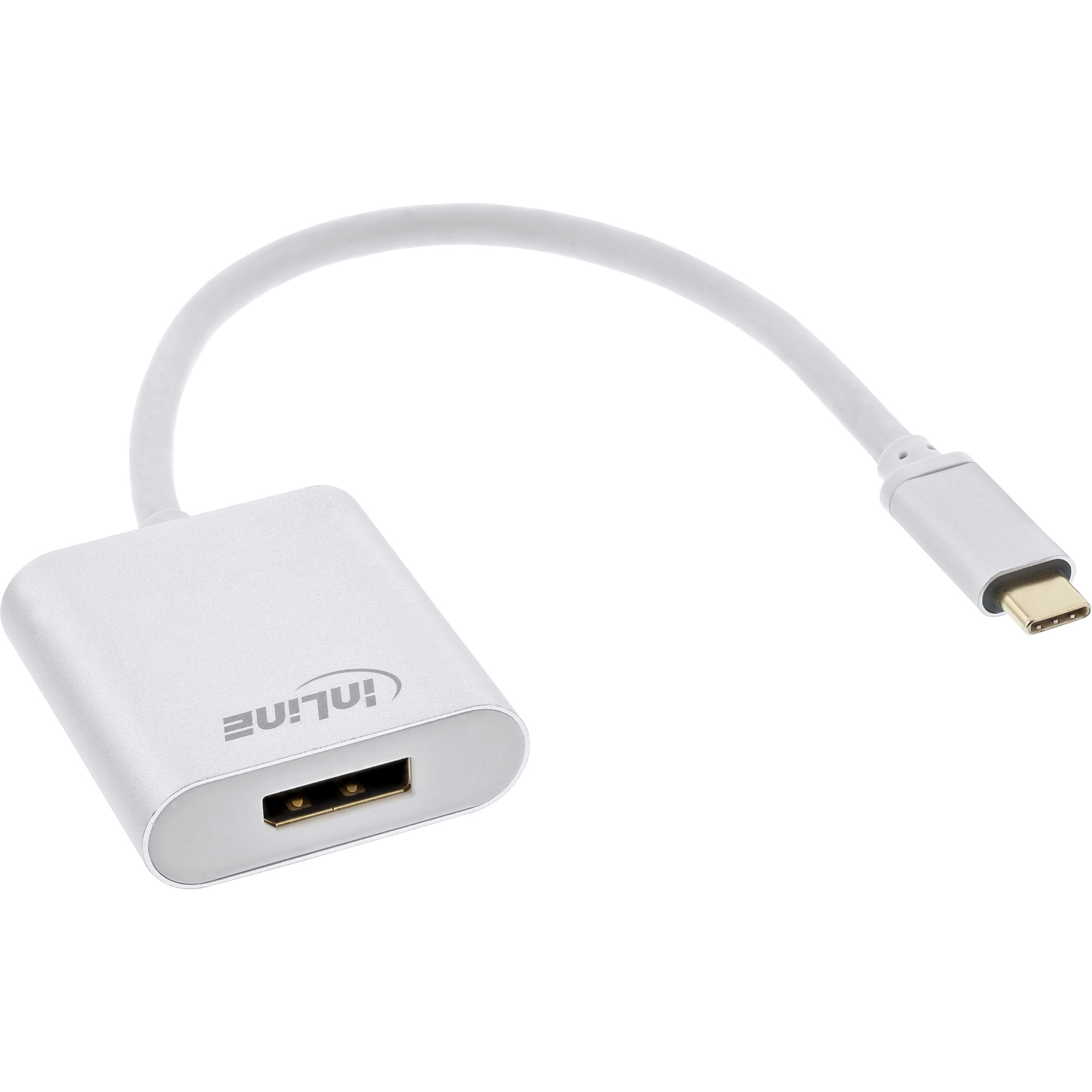 Un adattatore InLine bianco con connettore USB-C collegato a un cavo bianco.