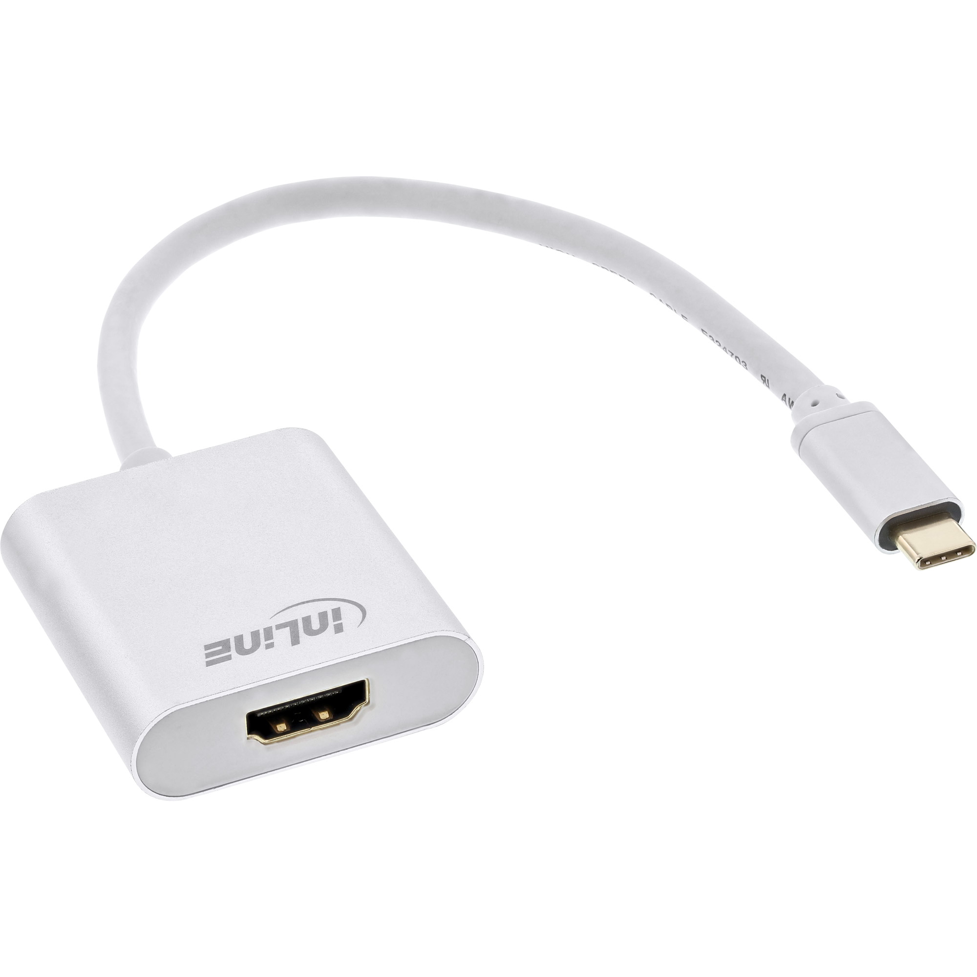 Un adattatore InLine bianco con connettore USB-C e porta HDMI.