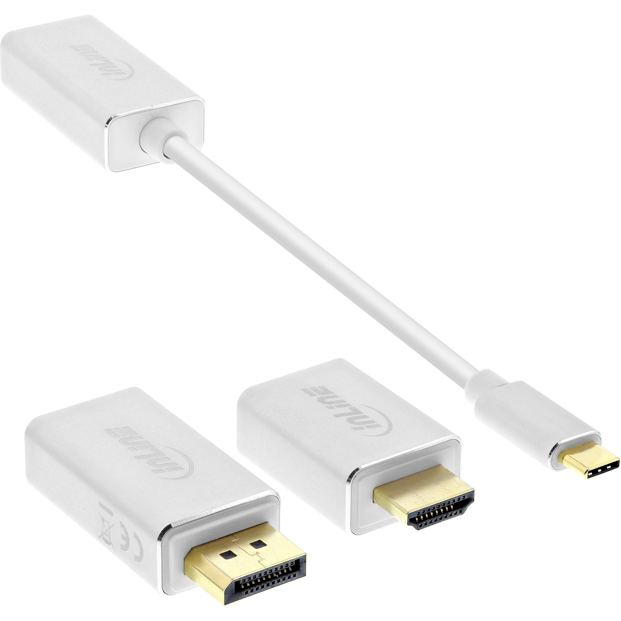 Adattatori Inline argentati con connettori HDMI e USB-C. Sfondo bianco.
