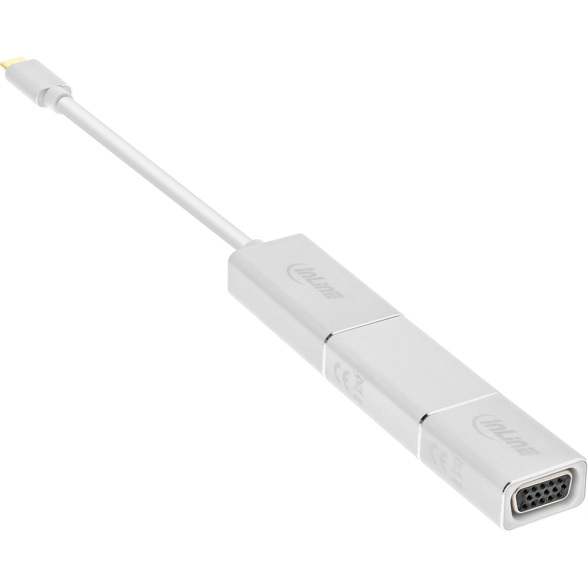 Un adattatore InLine argento con connettore VGA e connettore USB-C.