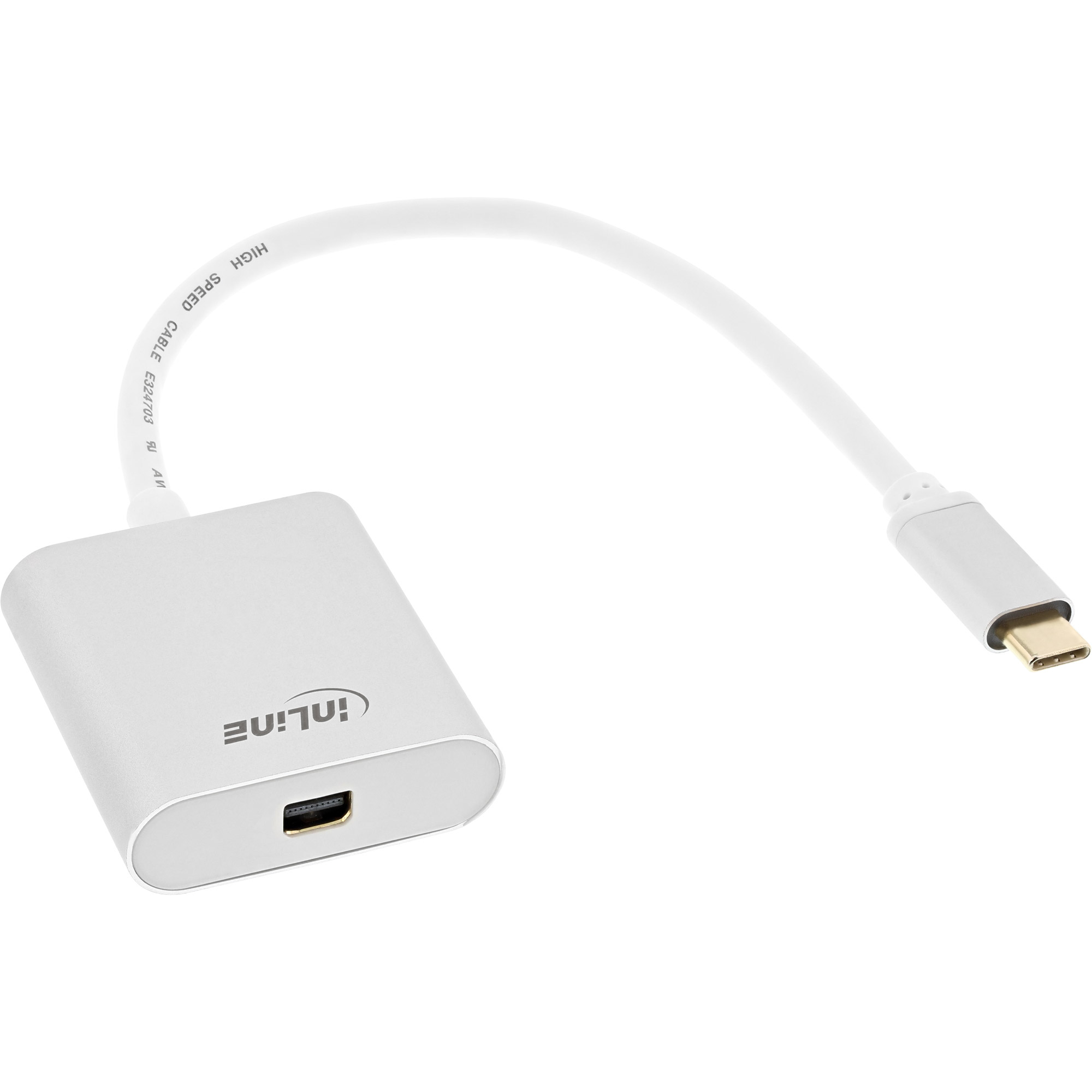 Un adattatore InLine bianco con connettore USB-C e porta HDMI, sfondo bianco.